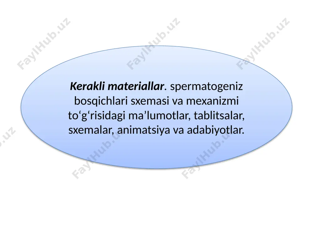 madan spermatozoidning bo'yni hosil bo'ladi. sentriolalar bilan yonma-yon joylashgan golji apparati hujayraning oldingi qismiga o'tadi va akrosoma hosil bo'lishida ishtirok etadi. akrosoma spermatozoidning tuxum hujayraga kirishiga yo'l ochadi. sitoplazma butun rpermatozoidga tarqaladi, oxirida bir oz qismi dumda qoladi, qolgani esa t ishqariga chiqib ketadi, yadro quyuqlashadi. natijada nisbatan qattiqroq hujayra - spermatozoid hosil bo'ladi. spermatozoidlar shakhtiing bir-biridan farq qilishi ham ana shu davrdagi jarayonlarga bog'liqdir. shunday qilib, spermatidalar spermatozoidlarga aylanadi. spermatozoidlarning hosil bo'lishi ularning urug'lanish jarayoniga tayyorlanishi hisoblanadi. image1.png image2.png image3.png image4.png /docprops/thumbnail.jpeg