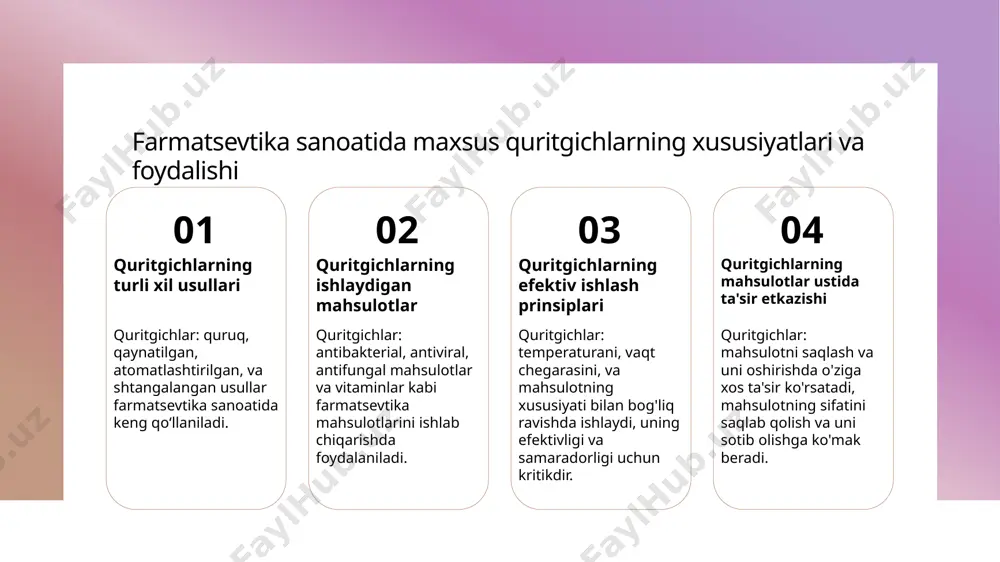 tika sohasidagi yangiliklarni o'rganishga o'quvchilar uchun yaratilgan motivatsion muhitni rivojlantirishga yordam beradi va sohani yanada rivojlantirishda muhim ahamiyatga ega. quritgich texnologiyalari: oʻzbekiston xalqaro farmatsevtika bozorida o'zgarishlar quritgich texnologiyalari farmatsevtika sanoatida katta o'rin egallaydi. oʻzbekiston xalqaro farmatsevtika bozorida, quritgichlarning xususiyatlari va ularning foydali qo'llanishini o'rganish muhimdir. photo by matthew brodeur on unsplash xulosa asosiy ta'limotlar farmatsevtika sanoatida maxsus quritgichlarning asosiy funksiyalari o'z vaqtida mahsulotning mustahkamligini ta'minlashda katta ahamiyatga ega. innovatsion yondashmalar mahsulotning samaradorligini oshirishning innovatsion yondashmalari farmatsevtika sanoatida yangi rivojlanish yo'llarini ochadi va daromadni oshiradi. xulosa va tavsiyalar farmatsevtika mahsulotlari uchun barqarorlik va samaradorlik texnologiyalari o'zida o'zaro almashishni oshirish usullari ustida ko'p muhim tadqiqotlar va innovatsiyalar amalga oshirilmoqda. e'tiboringiz uchun rahmat! image1.png image2.jpg image3.jpg image4.jpg image5.png image6.jpg image7.png /docprops/thumbnail.jpeg