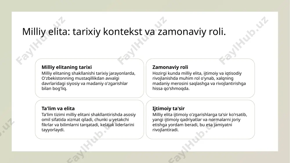 o'z tarixini tanishga va madaniyatini hurmat qilishga undaydi. milliy elitaning shakllanishida madaniyatning roli. madaniyat va elita madaniy identifikatsiya tarixiy meros madaniyat milliy elitaning shakllanishida muhim rol o'ynaydi, chunki u xalqning qadriyatlari va urf-odatlarini saqlaydi va rivojlantiradi. madaniyat, insonlarni birlashtiruvchi omil sifatida, milliy identifikatsiyani yaratadi va elitaning ijtimoiy qabulini ta'minlaydi, bu esa liderlik pozitsiyalarini kuchaytiradi. tarixiy madaniy meros, milliy elitani shakllantirishda asosiy manba bo'lib, avlodlar o'rtasida bilim va tajriba almashinuvini ta'minlaydi. ijtimoiy-siyosiy omillar: milliy elitaning shakllanishidagi o'rni. 01 ijtimoiy omillar ijtimoiy omillar milliy elitani shakllantirishda muhim rol o'ynaydi, chunki ular jamiyatning strukturasini va aloqalarini belgilaydi, liderlik uchun zamin yaratadi. 02 siyosiy omillar siyosiy omillar, masalan, hukumat siyosati va partiyalarning faoliyati, milliy elitani shakllantirishda muhim ta'sir ko'rsatadi, ularning ta'siri xalqning ongiga kiradi. 03 ijtimoiy tengsizlik ijtimoiy tengsizlik milliy elitani shakllanishida asosiy omil hisoblanadi, u elita vakillarining imkoniyatlarini va ularning ijtimoiy mavqeini belgilaydi. o'zbekistonda ijtimoiy stratifikatsiya va elita rivoji. 1 ijtimoiy stratifikatsiya o'zbekistonda …