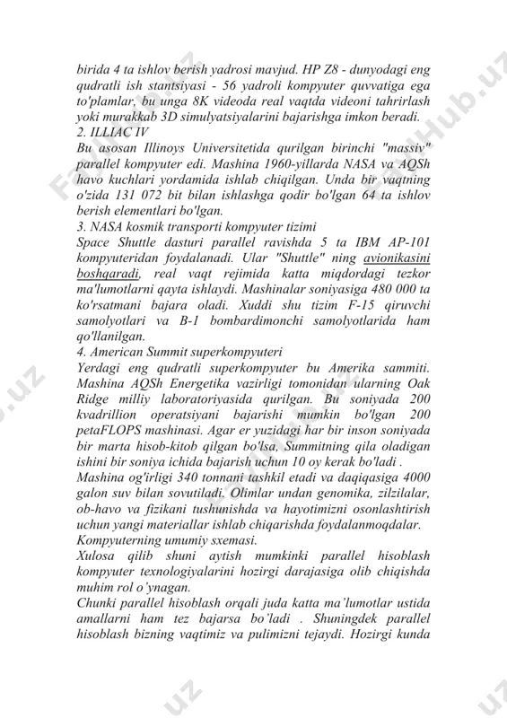 qarishda foydalanmoqdalar. kompyuterning umumiy sxemasi. xulosa qilib shuni aytish mumkinki parallel hisoblash kompyuter texnologiyalarini hozirgi darajasiga olib chiqishda muhim rol o’ynagan. chunki parallel hisoblash orqali juda katta ma’lumotlar ustida amallarni ham tez bajarsa bo’ladi . shuningdek parallel hisoblash bizning vaqtimiz va pulimizni tejaydi. hozirgi kunda http://kompy.info/ozr-qurolli-kuchlarida-sanitariya-nazorati-boyicha-ishlarga-ra.html http://kompy.info/ozr-qurolli-kuchlarida-sanitariya-nazorati-boyicha-ishlarga-ra.html esa barcha kompyuterlar va kompyuter tizimlari hammasi parallel hisoblashga asoslangan holda ishlaydi bunga shubha bo’lishi mumkin emas. parallel kompyuterlar arxitekturasi.konveyerli va superskalyar arxitekturali protsessorlar kompyuterlarning ishlash tezliklarini, ya’ni kompyuterning ish unumini yoki unumdorligini odatda 5- 10 barobar oshirish imkonini berar ekan. kompyuterlar unumdorligini 50, 100 barobar va undan ko‘proq oshirish uchun – bir nechta protsessorlardan iborat kompyuterlarni yoki bir nechta kompyuterlardan iborat kompyuter tizimlarini yaratish kerak ekan. ushbu sohaga oid adabiyotlarda - tizim iborasi, bir nechta kompyuterlardan iborat kompyuterlar jamlanmasiga nisbatangina emas, balki bir nechta protsessorlardan iborat kompyuterga nisbatan ham ishlatiladi. hozirda bunday kompyuterlarni – ko‘p yadroli protsessorga ega kompyuterlar yoki tizimlar deb …