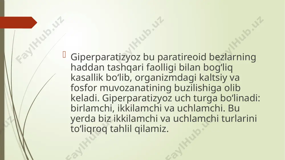 (yoki normal chegarada). fosfor: yuqori (buyrak yetishmovchiligida) yoki past (d vitamini tanqisligida). 25-oh vitamin d: past daraja. alkalen fosfataza: yuqori (suvaksimon o‘zgarishlar tufayli). davolashdan maqsad kaltsiy va fosfor muvozanatini tiklash. paratireoid gormon (pth) ishlab chiqarilishini normallashtirish. davolash vitamin d qo‘shimchalari: kaltsitriol (faol shakl) yoki d3 vitamini. kaltsiy qo‘shimchalari: kaltsiy karbonat yoki kaltsiy sitrat. fosfat cheklovchilar: sevelamer, lantaniy karbonat (buyrak yetishmovchiligida). dializ: buyrak yetishmovchiligida elektrolitlarni nazorat qilish. buyrak transplantatsiyasi (og‘ir hollarda). uchlamchi giperparatizyoz uchlamchi giperparatizyoz odatda uzoq davom etgan ikkilamchi giperparatizyoz natijasida yuzaga keladi. bu holatda paratireoid bezlar mustaqil ravishda pth ishlab chiqarishni davom ettiradi, hatto gipokaltsiyemiya bartaraf etilgan bo‘lsa ham. bu giperplaziya yoki adenoma rivojlanishi bilan bog‘liq bo‘lishi mumkin. sabablari surunkali buyrak yetishmovchiligi: ikkilamchi giperparatizyozning davom etishi. d vitamini tanqisligi va gipokaltsiyemiyaning uzoq davom etishi. klinik belgilari: kaltsiy darajasining haddan tashqari oshishi (giperkaltsiyemiya). suvaksimon to‘qimalarda og‘riq, sinishlar. buyrakda toshlar. yurak va asab tizimi buzilishlari (aritmiyalar, ruhiy o‘zgarishlar). davolashdan maqsad giperkaltsiyemiya …