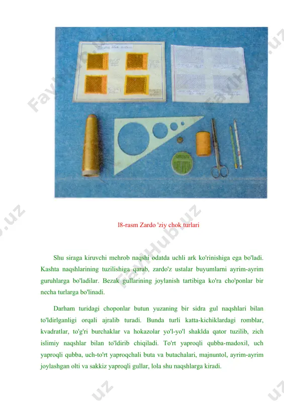 incha "kompositio" so'zidan olingan bo'lib, to'qish, tuzish, bir-biriga solishtirish, naqshni g'oyasi, xarakteri va vazifasiga muvofiq uyg'un hamda mutanosib joylashtirish degan ma’noni anglatadi. zardo'zlikda kompozitsiya tuzishda simmetriyani, markaz topishni, bezaklarning davriy takrorlanishi, bezakning dinamikligini, chiroyliligini, tabiiyligi, g'oyaviyligini, ranglarning yorqinligi va uyg'unligi kabi komponentlarni hisobga olish kerak. bulardan har birining ham o'ziga xos qonuniyatlari bor. ustalar chizadigan nushalar o'z xususiyatiga ko'ra namoyon, kitoba, ruta, turunj va hokazo maxsus kompozitsiyalarga bo'linadi. komponovka ya'ni joylashtirish -chizish kerak bo'lgan naqsh kompozitsiyasini karton, tikiladigan buyum yuzasiga to'g'ri joylashtirish. simmetriya -grekcha so'zdan olingan bo'lib, o'lchovlarning bir-biriga munosibligi tushuniladi. assimmetriya–kompozitsiyada simmetrik qonun - qoidalari muvozanatining buzilishidir . ritm -naqsh kompozitrsiyasining ma’lum bir qismi ma'lum bir masofada doimiy ravishda bir tekisda takrorlanib kelishi bo'lib, naqshdagi harakatning uzluksiz va go'zal ko'rinishini ta'minlaydi. stilizatsiya -tabiatdagi o'simlik va boshqalarning tasviri, rangi, shakli va tuzilishini badiiy usulda umumlashtirishdir. turunj kompozitsiyasi amalda quyidagi bosqichlarda amalga oshiriladi. tlifunj naqsh kompozitsiyasining tikiladigan buyum yuzasiga, mo'ljallab uning …