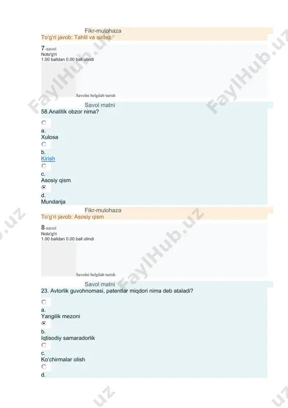 o joylashuvini aks ettiradi? a. tuzilmaviy b. matematik c. to‘g‘ri javob berilmagan d. funksional fikr-mulohaza toʻgʻri javob: tuzilmaviy 24-savol to'g'ri 1.00 balldan 1.00 ball olindi savolni belgilab turish savol matni 8.qoidalar,yo‘l-yo‘riqlar,tavsiyalar, imperativlar, tadqiqlar majmui nima deyiladi? a. shart b. dispozitsiya c. sanksiya d. to‘g‘ri javob berilmagan fikr-mulohaza toʻgʻri javob: dispozitsiya 25-savol to'g'ri 1.00 balldan 1.00 ball olindi savolni belgilab turish savol matni 9. gipoteza yoki nazariyaning soxtaligini klassik mantiq qoidalari yordamida aniqlovchi metodologik tamoyil nima? a. falsifikatsiya b. kogerentlik c. evristiklik d. analitik bilim fikr-mulohaza toʻgʻri javob: falsifikatsiya 26-savol to'g'ri 1.00 balldan 1.00 ball olindi savolni belgilab turish savol matni 36. emperik va nazariy metodga qaysilar kiradi? a. sintez, deduksiya, induksiya, modellashtirish b. to‘g‘ri javob berilmagan c. kuzatish, qiyoslash d. sintez va analiz fikr-mulohaza toʻgʻri javob: sintez, deduksiya, induksiya, modellashtirish 27-savol to'g'ri 1.00 balldan 1.00 ball olindi savolni belgilab turish savol matni 29.ilmiy tadqiqotning qaysi usulida unga o‘rganish aralashuvsiz amalga …