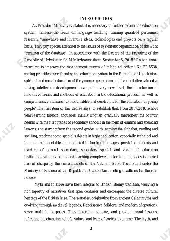 technical and international specialties is conducted in foreign languages; providing students and teachers of general secondary, secondary special and vocational education institutions with textbooks and teaching complexes in foreign languages is carried free of charge by the current assets of the national book trust fund under the ministry of finance of the republic of uzbekistan meeting deadlines for their re- release. myth and folklore have been integral to british literary tradition, weaving a rich tapestry of narratives that span centuries and encompass the diverse cultural heritage of the british isles. these stories, originating from ancient celtic myths and evolving through medieval legends, renaissance folklore, and modern adaptations, serve multiple purposes. they entertain, educate, and provide moral lessons, reflecting the changing beliefs, values, and fears of society over time. the myths and 4 folklore of britain offer a window into the past, revealing how people understood the world around them and …