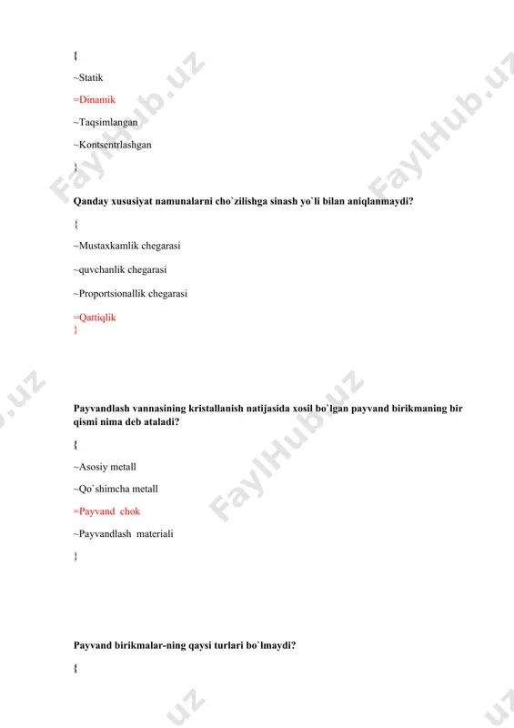 yvandlash ~kontaktli chokli payvandlash } qanday payvand birikmalar statik mustaxkamlikka xisoblanmaydi? { =burchak ~pesh ~uchma-uch tavrli ~uchma-uch } kuch taъsirida qattiq jismni shakli va o`lchami o`zgarishi qanday nomlanadi? { ~elastik ~qattiqliq ~kuchlanish =deformatsiya } kuch taъsiri to`xtatilgandan so`ng jism shakli o`z holiga tiklanish deformatsiyasi qanday nomlanadi? { ~plastik ~qoldiq =elastik ~ichki } kuch taъsiri to`xtatilgandan so`ng jism o`z xolatiga qaytmaydigan deformatsiya qanday nomlanadi? { ~kontsentratlashgan =qoldiq ~elastik ~deformatsiya } nima choklarda kuchlanish kontsentratsiyasini .qo`zg’atmaydi? { ~g`ovaklar ~shlak qo`shimcha-lari =asosiy metalldan chok metalliga asta sekin o`tishi ~darzlar } texnologik mustaxkamlik nima? { ~statik yuklamalar taъsirida buzilishsiz bardosh bera olish qobiliyati ~dinamik yuklamalar taъsirlarga buzilishsiz bardosh bera olish qobiliyati =turli hildagi taъsirlarga buzilishsiz bardosh bera olish qobiliyati ~dinamik statik taъsirlarga buzilishsiz bardosh bera olish qobiliyati } payvand birikmaning mexanik xususiyatlariga metall chokning g`ovakligi qanday taъsir etadi? { ~kuchlanish kontsentratsiyasini pasaytiradi =mexanik xususiyatlari pasayadi, kuchlanish kontsentratsiya-siga xizmat qiladi ~mexanik xususiyatlarni oshiradi ~nisbiy uzunlikni …
