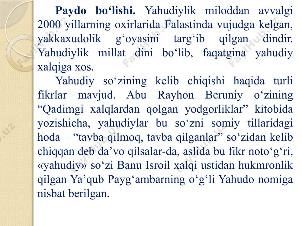 , qo‘qon va buxoro jamoalariga bo’linib ketdi. rossiya tomonidan o‘rta osiyoning ma’lum bir qismining bosib olinishi yana yahudiylarning turkiston muxtoriyati va buxoro amirligi jamoalariga bo‘linib ketishiga olib keldi. yahudiylik millat dini bo‘lganligi uchun yahudiylar qaerda bo‘lmasin, biri- ikkinchisidan qancha uzoq bo‘lmasin, o‘qiydigan kitobi – tavrot, e’tiqod qiladigan dini yagona bo‘lib qolaverdi. www.arxiv.uz o‘rta osiyolik yahudiylarni buxoro yahudiylari deyilsa ham, ular ko‘proq samarqandda yashaganlar. xviii asrning o‘rtalarida nodirshoh samarqandni bosib olganida uning lashkarlari orasida turklar, lazginlar, afg‘onlar, eroniylar, shuningdek, yahudiylar bo‘lganlar. ular samarqandning shoh-kash, chor-raga, novadon, qo‘shhovuz kabi guzarlarida yashab qolganlar. buxoro hukumati nodirshoh davrida yahudiylarga nisbatan yumshoq muomalada bo‘lgan. www.arxiv.uz buxoroda ham, uning shahrisabz, kattaqo’rg’on, karmana kabi viloyatlarida ham yahudiylarni musulmonlardan ajralgan holda alohida yashashga majbur edilar. 1843 yilning bahorida mahalliy yahudiylarga samarqandning sharqiy qismidan 2,5 gektar joyni 10000 kumush tangaga sotish haqidagi shartnoma tuzildi. bu shartnomani yahudilardan 32 kishi imzoladi, davlat uning haqiqiyligini to’rt muhr bilan tasdiqladi. shunday qilib, …