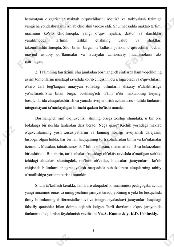 rakki, fanlararo aloqadorlik muammosi pedagogika uchun yangi muammo emas va uning yechimi jamiyat taraqqiyotining u yoki bu bosqichida ilmiy bilimlarning differensiallashuvi va integratsiyalashuvi jarayonlari haqidagi falsafiy qarashlar bilan doimo oqlanib kelgan. turli davrlarda o'quv jarayonida fanlararo aloqalardan foydalanish vazifasini ya.a. komenskiy, k.d. ushinskiy. ko'rib chiqilayotgan muammo nuqtai nazaridan 1920-yillarning keng qamrovli dasturlari alohida qiziqish uyg'otadi. maktab darajasidagi dasturlarga kirish yozuvida shunday deyiladi: "yangi dasturning o'ziga xos xususiyati - bu kompleks metodikani amalga oshirish istagi. markaziy mavzular deb atalmish mavzular ilgari suriladi... masalan, tabiat tarixidan “qish” mavzusi ilgari suriladi, bu mavzuni ishlab chiqishda o‘quvchilar qishning boshida tabiat va inson hayotini o‘rganadilar - kuzatish, yozish, o‘qish, chizish va haykaltaroshlik, matematik hisob-kitoblarni amalga oshirish. 3. har bir sinfda xotira, idrok, diqqat turlari bilan farq qiluvchi o`quvchilar mavjud. ulardan ba'zilari o'qituvchining tushuntirish tezligidan mamnun, ammo ba'zilari uchun bu juda tez. ba'zilar uchun darsda foydalanilgan jadval aniq ko'rinadi, boshqalari buni faqat uzoq tushuntirishlardan keyin sezadilar. …