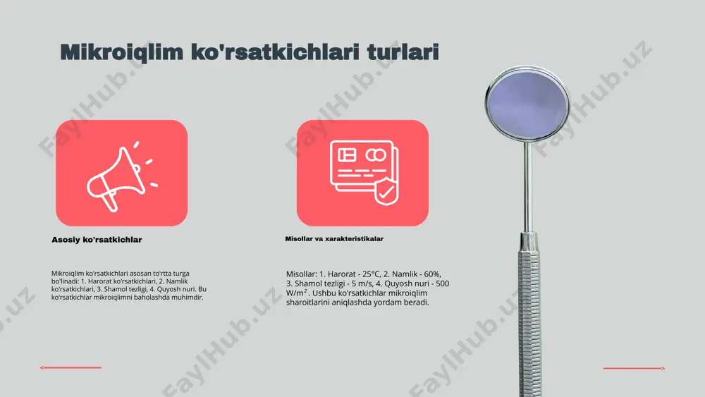 tijalar ishonchliligini pasaytirishi mumkin. taklif etiladigan takomillashtirish usullari mikroiqlimni boshqarish va baholash jarayonida yangi strategiyalar ishlab chiqish imkoniyatlari mavjud. masalan, o'lchovlarni avtomatlashtirish va natijalarni real vaqt rejimida tahlil qilish imkoniyatlari. bu, o'z navbatida, atrof-muhitga ijobiy ta'sir ko'rsatadi. iqlim o'zgarishlari iqlim o'zgarishlari mikroiqlimni baholash jarayoniga salbiy ta'sir ko'rsatishi mumkin. ushbu tahdidlarni kamaytirish uchun barqaror rivojlanish strategiyalarini ishlab chiqish zarur. s 0 w t mikroiqlimni boshqarish strategiyalari mikroiqlim sharoitlarini nazorat qilish va optimallashtirish uchun muhimdir. ushbu strategiyalar nazorat va monitoring tizimlaridan, o'zgaruvchan sharoitlarga moslashish usullaridan va samarali boshqarish uchun zarur resurslardan iborat. nazorat tizimlari mikroiqlim ko'rsatkichlarini doimiy ravishda kuzatib boradi, bu esa o'zgarishlarga tezda javob berishga imkon beradi. o'zgaruvchan sharoitlarga moslashish usullari, masalan, ekinlarning joylashtirilishi va sug'orish tizimlari, resurslardan foydalanishni yanada samarali qiladi. samarali boshqarish uchun ilmiy tadqiqotlar, zamonaviy texnologiyalar va malakali odam resurslari zarur. mikroiqlimni boshqarish strategiyalari mikroiqlimni takomillashtirish usullari yangi texnologiyalar va usullar mikroiqlimni takomillashtirishda muhim rol o'ynaydi. ular orasida …