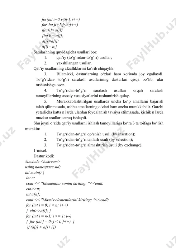tilmasada, kichik n larda mazkur usullar tezroq ishlaydi. shu joyni o‘zida qat’iy usullarni ishlash tamoyillariga ko‘ra 3 ta toifaga bo‘lish mumkin: 1. to‘g‘ridan-to‘g‘ri qo‘shish usuli (by insertion); 1. to‘g‘ridan-to‘g‘ri tanlash usuli (by selection); 1. to‘g‘ridan-to‘g‘ri almashtirish usuli (by exchange). 1-misol: dastur kodi: #include using namespace std; int main() { int n; cout >n; int a[n]; cout >a[i]; } for (int i = n-1; i >= 1; i--) { for (int j = 0; j a[j+1]) { swap(a[j],a[j+1]); } } } for (int i = 0; i std::vector myvector; // vector tuzish myvector.push_back(42); // ma’lumot qo‘shish 3. iteratorlar: - iteratorlar konteynerlar ichidagi ma’lumotlarga erishish va ularga murojaat qilish uchun foydalaniladi. asosiy konteynerlar bilan ishlayotgan har qanday operatsiyada iteratorlardan foydalanish mumkin. std::vector myvector; std::vector ::iterator it = myvector.begin(); // boshlang‘ich iterator it++; // iteratorni olib chiqish 4. iterator turkumlari: - har bir konteyner turida o‘zining iterator turi mavjud. masalan, `begin()` va end() …