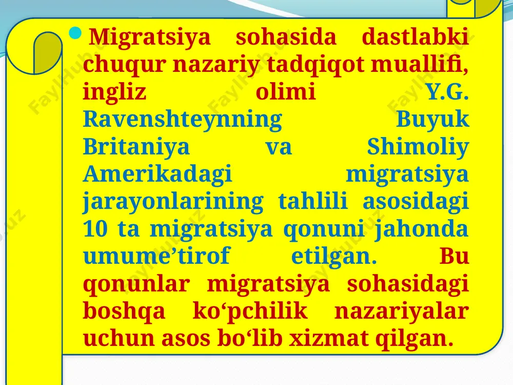 iy xususiyatlarini o‘zgartirishga, ularning dunyoqarashini kengaytirishga, hayotning turli sohalaridagi bilimlarini kengaytirishga, mehnat ko‘nikamalari va ishlab chiqarish tajribasi bilan ayirboshlashga, shaxsni, uning moddiy, ijtimoiy va ma’naviy ehtiyojlarini rivojlantirishga, milliy madaniyatlarning integratsiyasiga xizmat qiladi. harakatchanroq aholi, qoidaga ko‘ra, ijtimoiy jihatdan ham faolroqdir. aholi migratsiyasi sabablari siyosiy ijtimoiy maishiy iqtisodiy migratsiya yo‘nalishi ichki migratsiya - aholining bir mamlakat ichidagi harakatidir. bunda qishloq (qishloq - shahar), shahar (shahar - qishloq), qishloqlararo (qishloq - qishloq), shaharlararo (shahar - shahar) migratsiyasi nazarda tutiladi. tashqi migratsiya - aholining mamlakat davlat chegarasining kesib o‘tishidir. tashqi migratsiya xalqaro migratsiya, deb ham ataladi. bunda qit’alararo va qit’alar ichidagi migratsiya farqlanadi. xalqaro migratsiya immigratsiya - aholining boshqa mamlakatga doimiy yoki vaqtinchalik (birlashgan millatlar tashkiloti qoidalariga binoan 1 yildan uzoq muddatga) ko‘chib kelishidir. emigratsiya esa aholining o‘z mamlakatini doimiy yoki vaqtinchalik tark etishidir. aholi migratsiyasi davomiyligiga qarab quyidagi turlarga bo‘linadi: 16 doimiy (qaytib kelmaydigan) - bunda odamlarning doimiy turar joyini bir umrga …