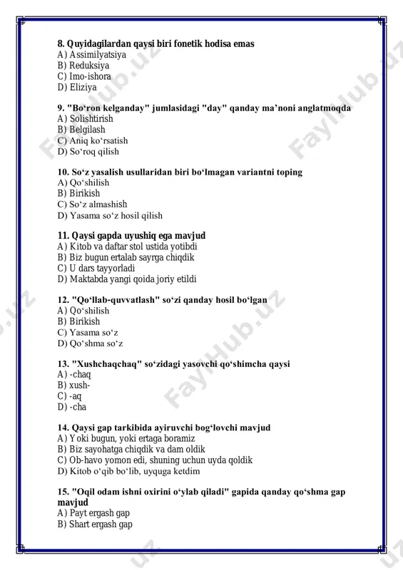 c) sabab ergash gap d) maqsad ergash gap 16. "bir kun kelib, hammasi o‘zgaradi" gapida qanday ergash gap mavjud a) payt ergash gap b) sabab ergash gap c) maqsad ergash gap d) shart ergash gap 17. "kitob o‘qish inson tafakkurini oshiradi" gapida kesim qaysi turga kiradi a) fe’l kesim b) ot kesim c) sifat kesim d) ravish kesim 18. qaysi so‘z tarkibida yasovchi qo‘shimcha mavjud emas a) o‘qituvchi b) yozuvchi c) bola d) bilimdon 19. "maktabda bellashuv o‘tkazildi" gapida qanday bo‘lak mavjud emas a) kesim b) to‘ldiruvchi c) hol d) aniqlovchi 20. "qish kelishi bilan sovuq ham boshlandi" gapida qanday ergash gap mavjud a) payt ergash gap b) sabab ergash gap c) maqsad ergash gap d) shart ergash gap 21. "o‘zbekiston respublikasi davlat madhiyasi" matnining muallifi kim a) abdulla qahhor b) erkin vohidov c) abdulla oripov d) g‘afur g‘ulom 22. "o‘tkan kunlar" romanining muallifi kim a) abdulla qodiriy b) g‘afur …