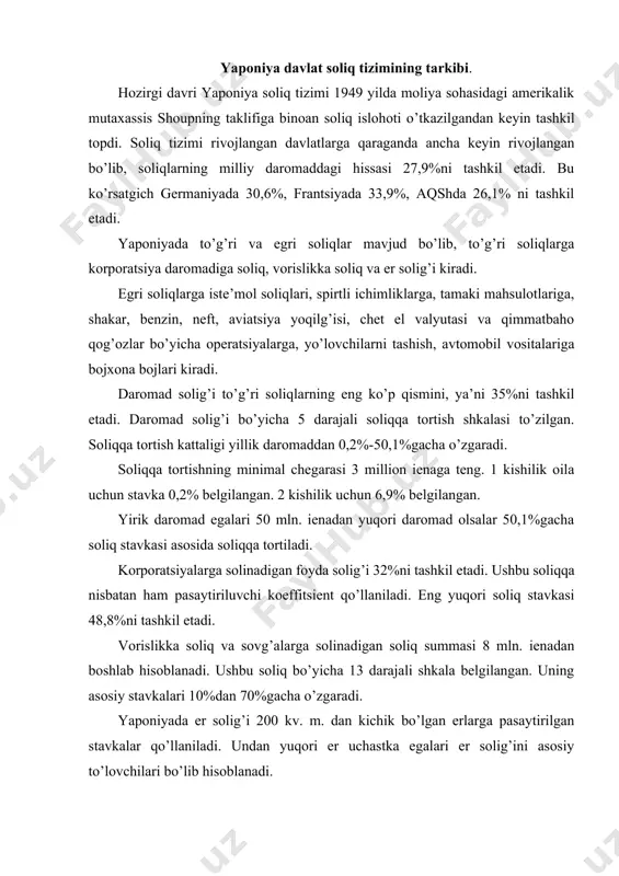 n. uning asosiy stavkalari 10%dan 70%gacha o’zgaradi. yaponiyada er solig’i 200 kv. m. dan kichik bo’lgan erlarga pasaytirilgan stavkalar qo’llaniladi. undan yuqori er uchastka egalari er solig’ini asosiy to’lovchilari bo’lib hisoblanadi. iste’molga soliq 9%ni tashkil etadi. uni hisoblashda tovar va xizmatlarning qiymati shartnomalarda belgilangan narxlar bo’yicha amalga oshiriladi. bu soliq yaponiyadagi barcha tijorat shartnoma va kelishuvlarda, ssuda berish, mulkchilik shakllarini o’tkazish va barcha xizmatlarda amal qiladi. bu soliq shuningdek, tibbiyot mahsulotlari, tibbiyot uskunalari, dori darmonlar, mehmonxona anjomlari, darsliklar, o’qish ashyolariga ham belgilangan. temir yo’l chiptalari, taksi, telefon, pochta xizmatlaridan, import tovarlariga ularni qabo’l qiluvchilardan olinadi. bu soliq erga egalikni o’tkazilganda yoki ssudaga erni foydalanish uchun berilganda amal qilinmaydi. qimmatbaho qog’ozlar operatsiyasiga, bank depozitlarining foizlariga, jamg’armalarga, patent litsenziyalarga, ro’yxatga o’tkazilganda, chet valyutasi operatsiyalariga, tibbiyot xizmatlariga, bola bog’chalariga, maktab va unversitetlarga kirish va o’qish xarajatlariga, pochta markalari, 10 ming ienadan qimmat bo’lgan chet el tovarlariga nisbatan qo’llaniladi. yaponiyadagi chet el kapitali ishtirokidagi …