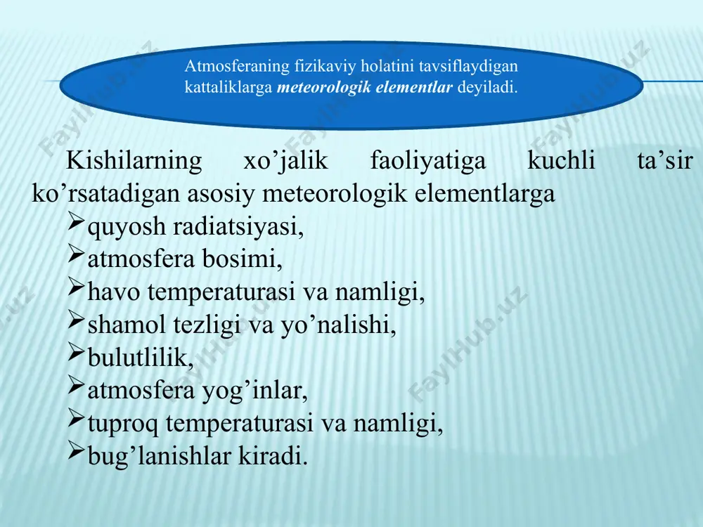 ydonchada o’tkazilgan kuzatishlarga doir ma’lumotlar atrofdagi 20-30 km radiusli maydonni, yirik sanoat markazini yoki butun bir katta shahar hududini tavsiflashi kerak. maydoncha to’g’ri to’rt burchak shaklida tanlanib, tomonlari shimoldan janubga yoki sharqdan g’arbga yo’nalgan bo’lishi lozim. uning kattaligi mazkur stansiyada bajariladigan ishlar hajmi, stansiyaning turi va asboblarning miqdori bilan aniqlanadi. standart maydonchalarning kattaligi 26x26 m (yoki eng kichiginiki 16x20 m), aktinometrik kuzatishlar ham o’kaziladigan stansiyalarda esa 26x36 m bo’lishi lozim. meteorologik maydoncha plani: 1–yengil taxtali flyuger; 2–og‘ir taxtali flyuger; 3–yaxmalak uskunasi; 4–psixrometrik budka; 5–o‘ziyozgich asboblar uchun budka; 6 va 7–qo‘shimcha budkalar; 8–yog‘in o‘lchagich; 9–plyuviograf; 10–tuproqqa o‘rnatiladigan termometrlar uchun yumshatilgan, o‘tdan tozalangan joy; 11–turli chuqurliklarga o‘rnatiladigan termometrlar uchun joy; 12–muzlik o‘lchagich; 13–qor o‘lchagich; 14–aktinometrik kuzatishlar uchun joy; 15–panjara; 16–eshik. ma’lumki, kuzatish muddatlarida barcha asboblar bilan bir vaqtda o’lchash ishlari o’tkazish juda qiyin. shuning uchun sutka davomidagi 8 marta o’lchashda quyidagilarga e’tibor berish kerak: a) havo harorati va namligini kuzatishni belgilangan muddatlaridan …