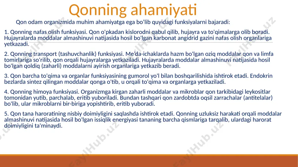 andning miqdori ham nisbatan kam bolib, 6 yoshda katta odamlarniki bilan tenglashadi. katta odamlarda qon plazma tarkibida 90-92% suv, 7-8% oqsillar, 0,9% tuz, 0,1% glyukoza, 0,8% yog`'lar bo'ladi. qonning shaklli elementlariga eritrositlar, leykositlar, trombositlar kiradi. qonning tarkibi eritrositlar qizil qon tanachalari bo’lib, ularning ko’pchilligi ya'ni 85-90 % qonga rang beruvchi gemoglabin hosil qiladi. uning diametri 7-8 mikron, qalinligi 2,5 mikronga teng bo’lib, yangi tug’ilgan bolalar qonida eritrotsitlar katta odamlarnikiga nisbatan ancha ko’proq ya'ni 1mm3 qonida o’rtacha 4,5-7,5 mln eritrotsit bo’ladi. katta yoshdagi erkaklarda 1mm3 qonida 4,5-5 mln, ayollarda esa 4-4,5 mln dona eritrotsit bo’ladi. butun organizmda 25 trilion eritrotsit bo’ladi. yangi tug'ilgan bolalarda eritrotsit tarkibidagi gemoglobin miqdori 110-114%, bo’lib 100 gr qonda 17-25 g gemoglabin bo'ladi. bola katta bo'lgan sari gemoglobin miqdori kamayib, 1-2 yoshda 80-90% bo’lib, 7-9 yashar bolalarda 80-81% gacha, 10-11 yashar bolalarda 85%, katta odamlar qonida 100% gacha, ya'ni 100 ml. qonda 17,3 gr. gemoglabin bo’ladi. gemoglabin …