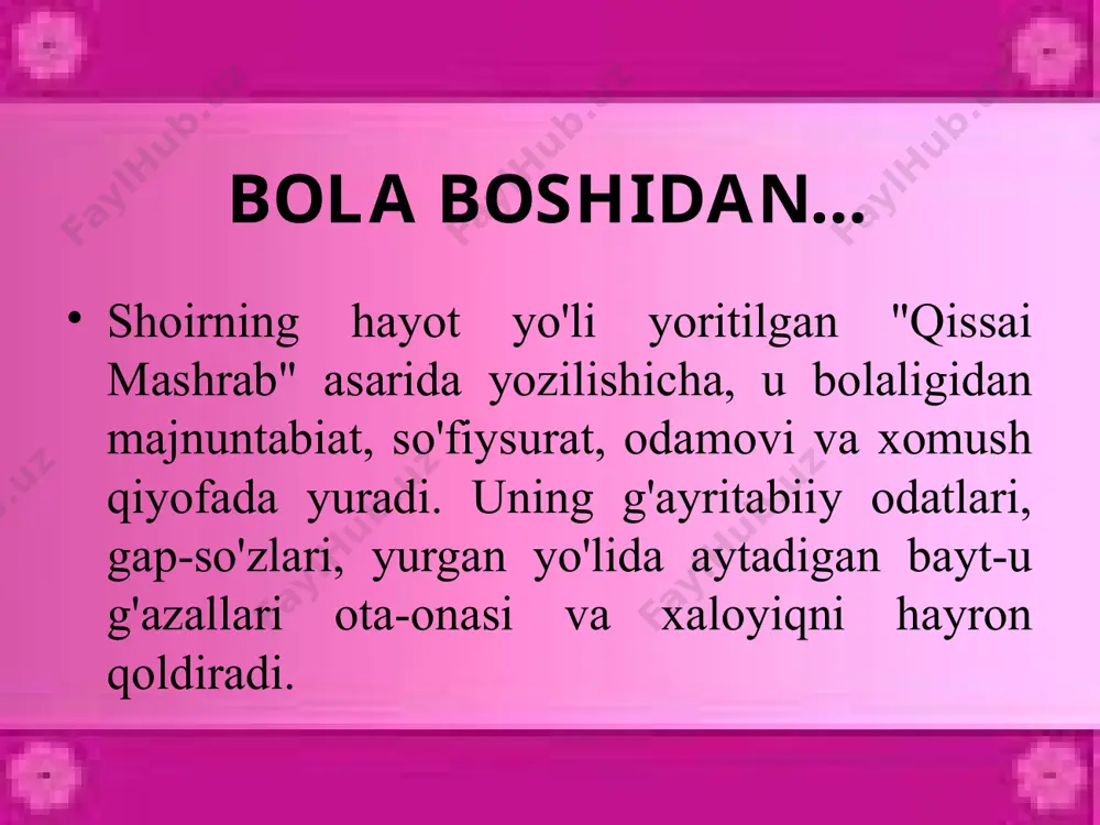 i? 7. mashrabning nisbatan mukammal hisoblangan to`plami qachon kim tomonidan chop etildi? 8. “yuzi qizil-oq, ostidagi taylog’i o`ynoqlab turgan”, “asli qalmoq, zoti qirg’iz, lola paypoqli” sahroyi bo`tako`z qizlarni madh etgan shoir? 9. tariqat so`zining ma’nosi? 10. mashrab qaysi tariqat yo`lini tutgan? tasavvuf va tasavvuf atamalari tasavvuf ta'limotining maqsadi komil insonni tarbiyalashdir. tariqatga kirgan odamni so'fiy, solik, murid, darvesh deb ataydilar. so'fiy tariqatda pir (murshid)ga qo'l beradi (qo'l berish - bu poklanish uchun ahd) va unga (pirga) inon-ixtiyorini topshiradi, uning ko'rsatmalariga so'zsiz bo'ysunib, poklanish amallarini bajaradi. topshiriq. mashg`ulot daftaringizga quyidagi atamalarni sharhlab yozing! e’tiboringizdan xursandmiz! @programmist86 audio1.wav image1.jpeg image2.jpeg image3.jpeg image4.jpeg image5.jpeg image6.jpeg image7.jpeg image8.jpeg image9.jpeg image10.jpeg image11.jpeg image12.jpeg image13.jpeg image14.jpeg image15.jpeg image16.jpeg image17.jpeg image18.jpeg image19.png image20.gif image21.jpeg /docprops/thumbnail.jpeg