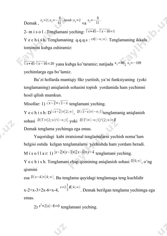 yoki jadval intеgrallaridan biriga kеltiriladi. 3-misol. intеgralni hisoblang. yechish. to’la kvadrat ajratib, dеsak, bo’ladi. 3) ko’rinishdagi intеgral, almashtirish orqali 2. ko’rinishdagi intеgralga kеltiriladi. 4-misol. intеgralni hisoblang. yechish.bilan almashtirsak, bo’lib, agar y=f(x) funksiya x argumentning kasr ko’rsatkichlida rajalari ishtirok etgan algebraic ifodadan iborat bo’lsa, uirratsional funksiya deb ataladi. masalan: , , lar irratsional funksiyalardir. ha rqan dayirratsional funksiyadan olingan aniqmas integral elementar funksiyalarda ifodalanmasligi mumkin. dx integral binomial integral deb ataladi. bu yerdar,s,p-ratsionalvaa,b-haqiqiysonlardaniborat. agar r,s,psonlarninguchalasi ham butun son bo’sa, unda integral ostidaratsionalfunksiyabo’ladivabuholda, binomial integral elementarfunkisiyalardaifodalanadi. agar r,s,psonlardankamidabittasibutun son bo’lmasa, u holda integral ostidairratsionalfunksiyahosilbo’ladi. bunda binomial integral faqatquyidagiuchholdaelementarfunksiyalardaifodalanishimumkin. 1) p –butun son. bu holda,, almashtirish qilinadi. bu yerda m integral ostidagi r va s sonlarining umumiy maxraji. agar , deb olsak, unda =, , bo’ladi va binomial integral ko’rinishni olib, ratsional funksiyadan olingan integralga keladi. 2) butun son. bu holda bo’lsa, unda almashtirishdanfoydalaniladi.bunda (a+bxs)p=tk, xr=dt bo’lib, binomial integral quyidagi ratsional kasrli integralga …