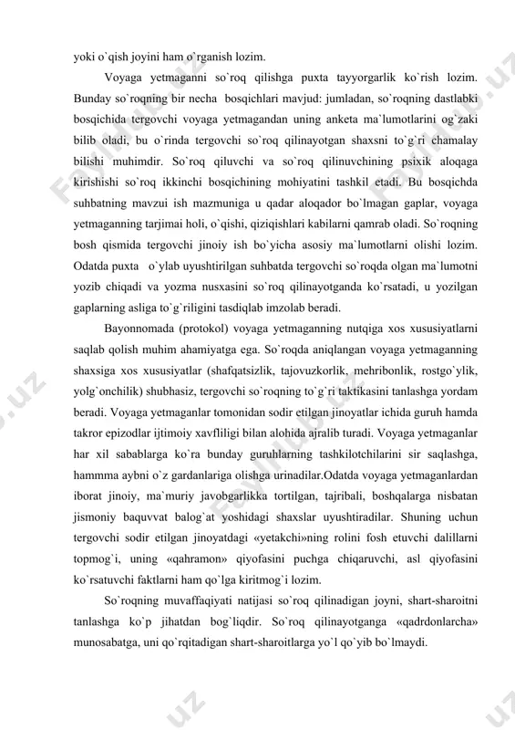 ruvchi, asl qiyofasini ko`rsatuvchi faktlarni ham qo`lga kiritmog`i lozim. so`roqning muvaffaqiyati natijasi so`roq qilinadigan joyni, shart-sharoitni tanlashga ko`p jihatdan bog`liqdir. so`roq qilinayotganga «qadrdonlarcha» munosabatga, uni qo`rqitadigan shart-sharoitlarga yo`l qo`yib bo`lmaydi. 3. ichkilikbozlik, alkogolizm, narkomaniya cabablarining psixologik tavsifi va ularning psixoprofilaktikasi. ichkilikbozlik kishini ijtimoiy muhitidan kelib chiqadi. ichkilikni muttasil iste`mol qilishdan alkogolizm kasalligi kelib chiqadi. algokolni ko`p iste`mol qiladigan kishilarda iroda sustlashadi, fikrlash doirasi torayadi, xotirasi pasayadi, atrofdagi voqea-hodisalarga befarq bo`lib qoladi. tamaki, kofe va alkogol – jamiyatda eng ko`p iste`mol qilinadigan psixotrop vositalardir. biroq yashirin ravishda nasha, marixuana, kokain hatto geroin va trimetilfentanin kabi vositalarni iste`mol qilish ham ortib boryapti. bu narkotik vositalar bosh miyaga faol ta`sir o`tkazadi, sensor signallar oqimini tezlatadi, ularning mazmunini o`zgartiradi, asabning ba`zi markazlari va vazifasini bajarishga xalaqit beradi. narkotikni uzluksiz iste`mol qilish ko`nikmaga aylanishi mumkin. toksikomaniya esa doimiy yoki ayrim vaqtlarda zaharlanish bilan bog`liq, uning inson organizmiga ta`siri kuchli. narkotik moddalarsiz inson jismi chidolmaydigan bo`lib …