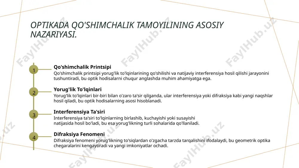 'lik intensivligi o'zgaradi. bu hodisa yupqa plyonkalar ranglarini va ko'zgu yuzasidagi rangli naqshlarni hosil qiladi. difraksiya ahamiyati difraksiya yorug'likning to'siqlar atrofida tarqalishini tushuntiradi. bu hodisa mikroskoplar va teleskoplarning optik dizaynida qo'llaniladi. amaliy optika optik o'zaro ta'sirlar ilmiy asbob-uskunalarni yaratishda qo'llaniladi. bu texnologiya lazerlar va interferometrlar ishlab chiqarishda muhim rol o'ynaydi. interferensiya: yorug'lik to'lqinlarining o'zaro ta'siri. 1 to'lqinlar o'zaro ta'siri interferensiya bu ikki yoki undan ortiq yorug'lik to'lqinlarining birlashishi natijasida hosil bo'lgan yangi to'lqin naqshlarining paydo bo'lishidir. 2 konstruktiv interferensiya konstruktiv interferensiyada to'lqinlarning cho'qqilari bir-biriga mos keladi, natijada to'lqin amplitudasi ko'payadi va yorqinroq nur paydo bo'ladi. 3 destruktiv interferensiya destruktiv interferensiyada to'lqinlarning cho'qqilari va vodiylari bir-birini yo'q qiladi, bu esa to'lqin amplitudasining pasayishiga olib keladi. difraksiya: yorug'lik to'lqinlarining tarqalish sirlarini ochish. 1 difraksiya asoslari difraksiya - bu yorug'lik to'lqinlarining tor teshiklar yoki chekkalar orqali tarqalib, yangi naqshlar hosil qilishi jarayoni. bu hodisa to'lqin xususiyatlarini ko'rsatadi. 2 to'lqin tarqalishi yorug'lik to'lqinlari to'siqlarni …