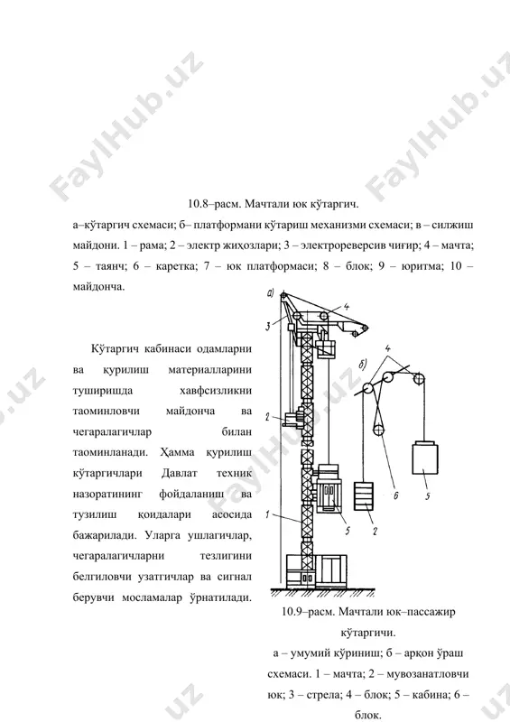индр 1 таoсирида юқорига ва пастга ҳаракатланади. цилиндр пастидаги кўндаланг рамага таянади. поршенp 3 ва шток 10 юқоридаги қўзғалувчи рама 6 га маҳкамланган. салт юрувчи занжирли полиспаста билан юкли каретка бир вақтда ҳаракатланади. юқоридаги ҳаракатланувчи рама 6 га занжир 9 ва юлдузча 7 ўрнатилган. занжирнинг бир учи юк кўтарувчи каретага маҳкамланган, бу эса гидроцилиндр штокига нисбатан юкли карета икки баравар тез ҳаракатланишини таoминлайди. насос орқали суюқлик юзига таoсир этилган босим кучи цилиндрдаги штокни илгарилама ҳаракат қилишини таoминлайди. автоюклагичлар 3–5 т оғирликдаги юкларни 6 м баландликка кўтаради. бир чўмичли юклагичлар. бир чўмичли юклагичлар юриш қисмига кўра ғилдиракли ва занжирли бўлиб, даврий машиналар туркумига кириб, сочилувчан ва донали материалларни юклаш учун ишлатилади. бир чўмичли юклагичлар юк кўтарувчанлиги бўйича енгил (0,5 т гача), ўрта (0,64,0 т гача), оғир (4,010,0 т гача) ва ўта оғир (10 т.дан ортиқ) турларга бўлинади. юклагичлар ҳаракат қурилмалари турига қараб гусеницали ва пневмоғилдиракли бўлади. 10.10 – расм. паншахали автоюклагич …