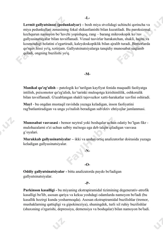 ) – bosh miya stvolidagi uchinchi qorincha va miya pedunkullari zonasining fokal shikastlanishi bilan kuzatiladi. bu paroksizmal kechqurun namoyon bo’luvchi yopishqoq, rang – barang mikroskopik ko’ruv gallyusinatsiyalar bilan tavsiflanadi. vizual tasvirlar harakatchan, shakli, hajmi va kosmosdagi holatini o'zgartiradi, kaleydoskopiklik bilan ajralib turadi. bemorlarda qo'rquv hissi yo'q, xotirjam. gallyutsinatsiyalarga tanqidiy munosabat saqlanib qoladi, ongning buzilishi yo'q. -m- manikal qo'zg'alish – patologik ko’tarilgan kayfiyat fonida maqsadli faoliyatga intilish, psixomotor qo'zg'alish, ko’tarinki muloqotga kirishimlilik, oshkoralik bilan tavsiflanadi. g'azablangan shakli tajovuzkor xatti-harakatlar xavfini oshiradi. mayl - bu ongdan mustaqil ravishda yuzaga keladigan, inson faoliyatini rag'batlantiradigan va unga yo'nalish beradigan sub'ektiv ehtiyojlar jamlanmasi. munosabat vasvasasi - bemor neytral yoki boshqalar uchun odatiy bo’lgan fikr - mulohazalarni o'zi uchun salbiy ma'noga ega deb talqin qiladigan vasvasa g’oyalari. murakkab gallyusinatsiyalar – ikki va undan ortiq analizatorlar doirasida yuzaga keladigan gallyusinatsiyalar. -n- -o- oddiy gallyutsinatsiyalar - bitta analizatorda paydo bo'ladigan gallyutsinatsiyalar. -p- parkinson kasalligi - bu miyaning ekstrapiramidal …
