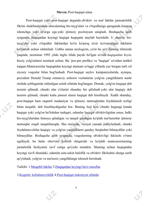 -sekin halollik va ob'ektiv fikrlashni chetga surib qo'yishadi, yolg'on va ma'nosiz yangiliklarga ishonch berishadi. tarkibi: 1.muqobil faktlar 2.haqiqatdan keyingi ba'zi misollar 3.kognitiv kelishmovchilik 4.post-haqiqat imkoniyat sifatida mavzu: filmlar va ommaviy madaniyat «ommaviy madaniyat» g‘arb dunyosida o‘tgan asrning ikkinchi yarmida shakllandi. uni g‘arbda «populyar» yoki qisqartirilgan holda, «pop-kultura» (ya'ni «ommaviy madaniyat») deb atashadi. garchi «madaniyat» deb atalsa-da, aslida, tub mazmun-ma'nosiga, maqsad-niyatiga ko‘ra «ommaviy madaniyat» chinakam madaniyatning kushandasidir. mutaxassislar (faylasuf va sotsiolog olimlar)ning fikricha, hali ilm-fanda «antikultura» («g‘ayrimadaniyat») degan ilmiy tushuncha shakllanmaganligi uchun «pop (ommaviy) madaniyat» tushunchasi, nochorlikdan qo‘llanilmoqda. chunki, «ommaviy madaniyat», aslida madaniyatsizlik, ya'ni ma'naviyatsizlik va axloqsizlik sinonimidir. «ommaviy madaniyat» shu boisdan, eng avvalo, yuksak iste'dod va o‘lmas ma'naviy-axloqiy g‘oyalar bayroqdori bo‘lgan mumtoz madaniyatga, san'atga, uning boyliklariga qarshi tish-tirnog‘i bilan kurashib, uni inkor etib kelyapti. g‘arb dunyosining o‘zidagi faylasuflar, sotsiolog olimlar, «bizga «to‘qqizinchi simfoniya» (betxoven) kerak emas!» yoki «mona liza»ni loyga qorishtiramiz!» kabi jaholatparastlikka asoslangan xitoblar «ommaviy madaniyat» tarafdorlari va muxlislarining …