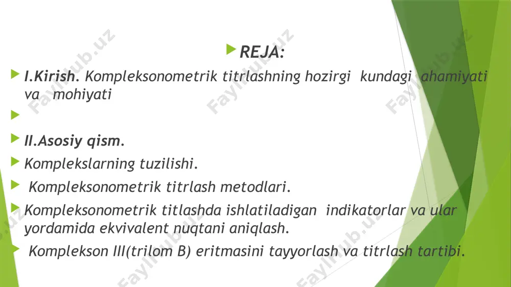 trik analiz usuli bo’lib ,u komleks hosil qiluvchi metall ionlarining komleksonlar bilan reaksiyasiga asoslangan .bunda suvda eriydigan kam dissosilanuvchan barqaror ichki kompleks tuzlar (xelatlar)hosil bo’ladi. yuqorida aytib o’tilganidek ,kompleksonometrik titrlash kompleks hosil qilish reaksiyalariga asoslangan. masalan: ag++cn-=[ag(cn)2]- al3++6f-=[al(f6)]3- hg2++4j-=[hgj4]2- miqdoriy analizda kompleks hosil qilish reaksiyalari asosan kumush,mis va nikel tuzlarining sianidlari bilan sodir bo’lib ,bu reaksiyalarda bir vaqtning o’zida har xil shakldagi kompleks birikma hosil bo’ladi:[cu(cns)4]2-,[ag(cns)2]-1,[ni(cns)4]-2 . hajmiy titrlashda kompleks hosil qilish usullaridan foydalanib ,kompleks hosil qilish reaksiyalariga kirishishiga moil bo’lgan turli hil kationlar:ag+,hg+,al3+,co2+,mg2+,zn2+ va anionlar :cn-,j-,cl- miqdorini aniqlash mumkin . titrimetrik analizda kompleksonlar metallarning ionlari bilan barqaror komplekslar hosil qiladi ;organik kompleksonlar tanlovchanligi va sezgirligi ancha yuqori,shuning uchun hozirgi paytda kompleks hosil qilish reaksiyasi asosida titrlashdan juda ko’p foydalaniladi. bu usul kompleksonometrik titrlash usuli deyiladi. komplekslarning tuzilishi. etilendiamintetrasirka kislota to’rt asosli kislota bo’lgani sababli anionda to’rtta harakatchan vadarod va asos xassasiga ega bo’lgan ikki atom azot bo’ladi. . kompleks …