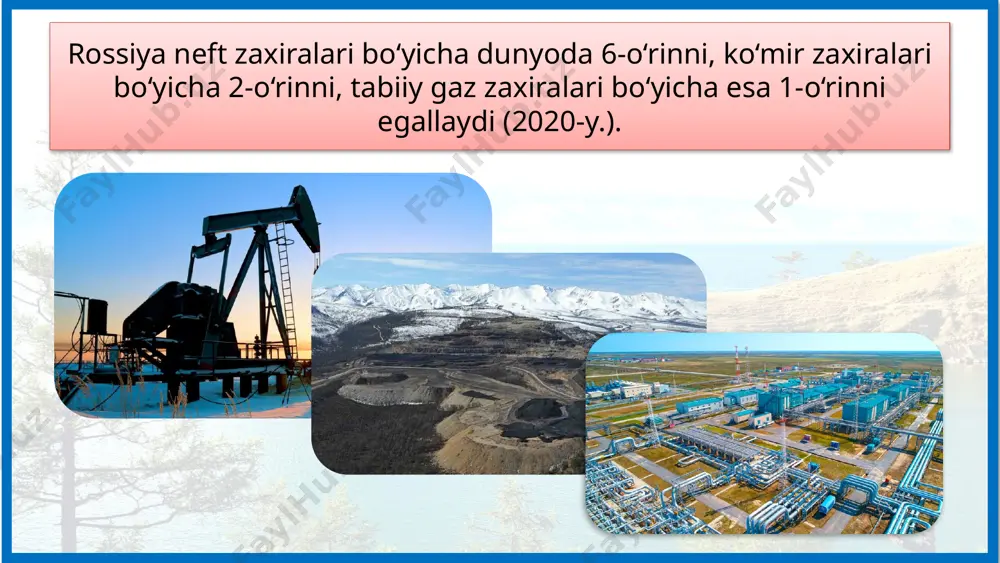 n adabiyotlar: v. n. fedorko, n. i. safarova, j. a. ismatov, e. y. nazaraliyeva– geografiya (jahon iqtisodiy-ijtimoiy geografiyasi), umumiy o‘rta ta’lim maktablarining 10- sinf o‘quvchilari uchun darslik, respublika ta’lim markazi, 2022 @edurtm_uz a. abduqayyumov, i. safarov, m. tillaboyeva, v. fedorko – geografiya (jahon iqtisodiy-ijtimoiy geografiyasi), umumiy o‘rta ta’lim maktablarining 9- sinf o‘quvchilari uchun darslik, toshkent – “o‘zbekiston” – 2019 © internet manbalari: www.wikipedia.org www.statista.com www.geographyofrussia.com www.hartenergy.com www.obrazovaka.ru www.tadviser.ru www.yaklass.ru www.neftok.ru www.britannica.com www.neftegaz.ru www.themoscowtimes.com www.rt.com www.m.akipress.com www.lipetsk.nlmk.com www.gelio.livejournal.com www.macos.livejournal.com www.vedomosti.ru www.1prime.ru www.rbc.ru © internet manbalari: www.promtu.ru www.ria.ru www.exportv.ru www.nornickel.ru www.mining.com www.e-cis.info www.sdelanounas.ru www.morvesti.ru www.сельхозпортал.рф www.youtube.com www.kamaz.spbmb.ru www.fertika.com www.wikimapia.org www.svetocopy.com www.weforum.org www.internationalsugarjournal.com www.luxsol.ru www.tvzvezda.ru © internet manbalari: www.mapsofworld.com www.транс-атлантис.рф www.rg.ru www.dic.academic.ru www.tonkosti.ru www.advantour.com image1.jpeg image2.png image3.jpeg image4.jpeg image5.jpeg image6.jpeg image7.jpeg image8.jpeg image9.png image10.jpeg image11.jpeg image12.png image13.png image14.png image15.jpeg image16.jpeg image17.png image18.png image19.png image20.jpeg image21.png image22.png image23.jpeg image24.jpeg image25.png image26.jpeg image27.jpeg image28.png image29.jpeg image30.png image31.jpeg image32.png image33.jpeg image34.jpeg image35.jpeg image36.jpeg image37.jpeg image38.png image39.jpeg …