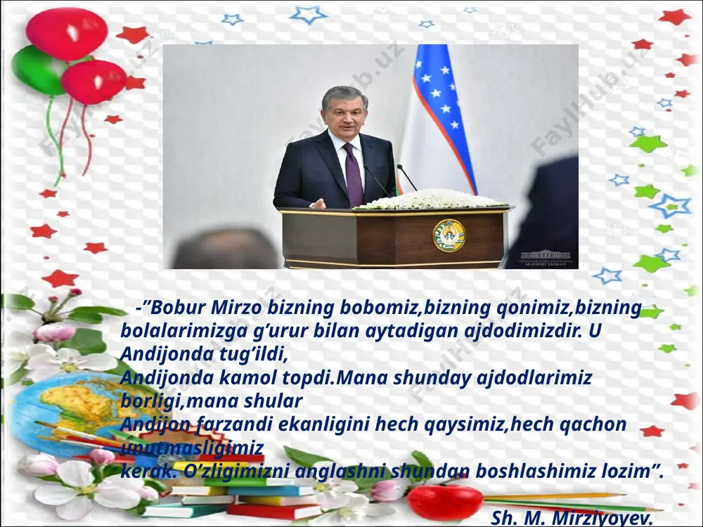 n og’ir yotib qolib shifo topadi. bobur 1530- yil 26- dekabrda 47 yoshida agrada vafot etadi. u jamna daryosining chap sohilidagi nurafshon bog’ining markaziy qismiga dafn etiladi.1539-yilda esa uning xoki vasiyatiga muvofiq kobulga (“bog’i boburga”) ko’chiriladi. boburning ijodiy merosi zahiriddin muhammad bobur 20 yoshida “xatti boburiya” yozuvini kashf etgan. xo’ja ahrorning “volidiya” asarini she’riy yo’l bilan o’zbekchaga tarjima qilgan. asarlari “boburnoma”,”mubayyin al-zakot” (“zakot bayoni”,o’g’li humoyunga bag’ishlagan,1521), ”muxtasar” risolasi (1523-1525,aruz vazni haqida), “harb ishi”va”musiqa ilmi” (bu ikki asar topilmagan),”kobul devoni”(1519,bu devon topilmagan),”hind devoni”(1528-1529)va boshqalar. bobur she’riyati zahiriddin muhammad bobur 16-17 yoshlaridan boshlab badiiy ijod bilan shug’ullangan. o’zbek va tojik tillarida she’rlar yozadi. u dastlabki she’rlarini fors tilida yozgan. bobur lirikasining asosiy janrlari g’azal,ruboiy va tuyuq bo’lib shoir masnaviy,qit’a,muammo,fard kabi janrlarda ham ijod qilgan. boburning bizgacha yetib kelgan she’rlarining umumiy soni 400 dan ortiq bo’lib,ulardan 119 tasi g’azal, 231 tasi ruboiydir. boburiylar sulolasi (1483-1858) boburiylar bayrog’i va hukmronlik qilgan hududi z.m.bobur qurdirgan …