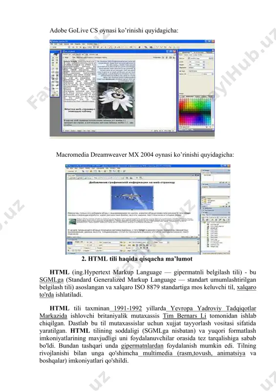 (ing.hypertext markup language — gipermatnli belgilash tili) - bu sgmlga (standard generalized markup language — standart umumlashtirilgan belgilash tili) asoslangan va xalqaro iso 8879 standartiga mos keluvchi til, xalqaro to'rda ishlatiladi. html tili taxminan 1991-1992 yillarda yevropa yadroviy tadqiqotlar markazida ishlovchi britaniyalik mutaxassis tim bernars li tomonidan ishlab chiqilgan. dastlab bu til mutaxassislar uchun xujjat tayyorlash vositasi sifatida yaratilgan. html tilining soddaligi (sgmlga nisbatan) va yuqori formatlash imkoniyatlarining mavjudligi uni foydalanuvchilar orasida tez tarqalishiga sabab bo'ldi. bundan tashqari unda gipermatnlardan foydalanish mumkin edi. tilning rivojlanishi bilan unga qo'shimcha multimedia (rasm,tovush, animatsiya va boshqalar) imkoniyatlari qo'shildi. brauserlar - maxsus html tilida yaratilgan xujjatlarni o'quvchi kompyuter dasturi. aynan brouserlar html tilida yaratilgan xujjatlarni formatlangan xolda ko'rish imkoniyatini beradi. xozirda eng mashxur brouserlar bu internet explorer, firefox, opera va xokazolardir. imkoniyatlari html quyidagi formatlash imkoniyatlariga ega: · matn qismining mantiqiy rolini belgilash (matn sarlavhasi, paragraf, ro'yxat va hokazo). · gipermatnlar yaratish. bu ayniqsa …