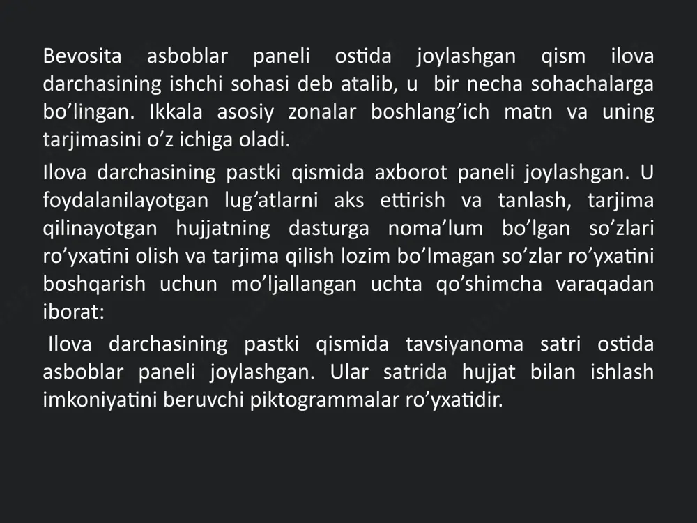 nlash foydalaniladigan lug’atlar ro’yxati axborot panelidagi foydalaniladigan lug’atlar qo’shimcha varaqasida keltirilgan. lug’atlar ko’rsatilgan tartibda ko’riladi, shu bilan birga keyingi lug’atga o’tish ko’rilayotgan lug’atda kerakli so’z bo’lmagan taqdirdagina amalga oshiriladi. tarjima sifatiga nafaqat lug’atlarning soni, balki ularning dasturda terilish tartibi ham ta’sir ko’rsatadi. shunga alohida e’tibor berish kerakki, dasturdagi terilishda, odatda, birinchi bo’lib iste’mol lug’ati turadi. iste’mol lug’atlari tahrir qilish va o’zgartirish uchun ochiq bo’ladi. shu tariqa, foydalanuvchi tomonidan to’ldirilgan va o’zgartirilgan maqolalar birinchi navbatda e’tiborga olinadi. foydalanilayotgan lug’atlar ro’yxatini o’zgartirish uchun slovari (lug’atlar) tavsiyanoma bandini va tarjimaning kerakli yo’nalishini (masalan russko-angliyskiy yoki anglo- russkiy) tanlash kerak. shuningdek, tarjima asboblar panelidagi slovari (lug’atlar) bandini bosish mumkin. bunda tarjimaning tanlangan yo’nalishiga muvofiq keluvchi qo’shimcha varaqadan iborat bo’lgan slovari (lug’atlar) muloqot darchasi ochiladi. bu muloqot darchasi qo’shimcha lug’atlarni ko’rish, ulash va o’chirish, yangi iste’mol lug’atlarini yaratish, shuningdek, lug’atlarni ko’rish tartibini boshqarish imkonini beradi. shu bilan birga «har ehtimolga qarshi» qo’shimcha lug’at-larni qo’shish tavsiya …