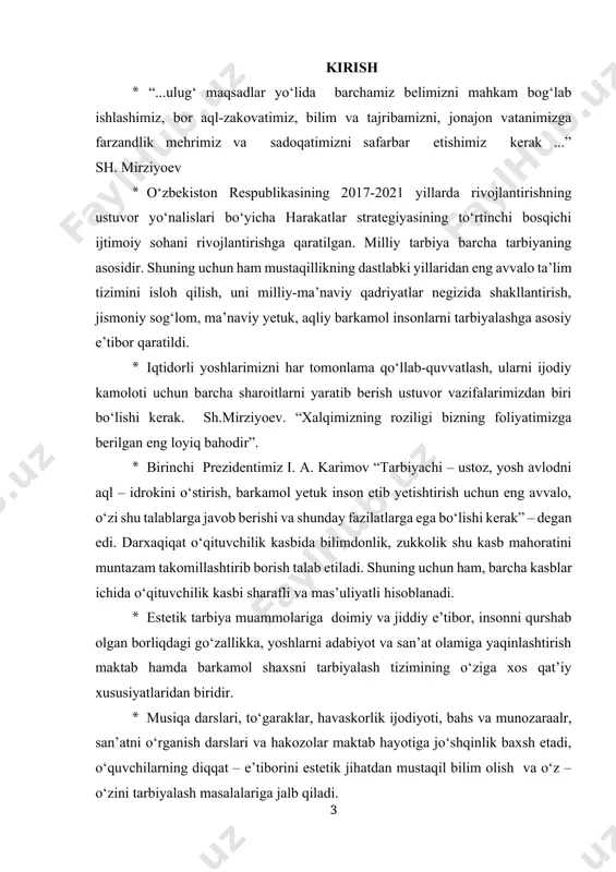 alni farqlaymiz, binobarin, fikr yuritamiz. · estetik idrokni, estetik didlarni tarbiyalash, badiiy qobiliyatlarni rivojlantirish doimo aqliy va axloqiy tarbiya bilan o‘zaro ta’sirda bo‘ladi. · hozirgi zamon maktabida musiqaviy tarbiya tizimi ko‘pgina elementlardan tashkil topadi, bular: musiqa darsi, musiqadan sinfdan va maktabdan tashqari ish olib borish, xor studiyalari va badiiy havaskorlik to‘garaklari, vokal va cholg‘u ansambllari va hokazo. bu zanjirda ommaviy axborot vositalari juda katta rol o‘ynaydi. tarbiyalovchi va rivojlantiruvchi vositalarning jami musiqaviy – estetik muhitni tashkil etadiki, bu muhitda o‘quvchilarning musiqa sohasidagi qiziqish va ehtiyojlari bunyod bo‘ladi. · mamlakatimiz prezidenti shavkat mirziyoyev, mamlakatimizni 2016 yilda ijtimoiy-iqtisodiy rivojlantirishning asosiy yakunlari va 2017 yilga mo‘ljallangan iqtisodiy dasturning eng muhim ustuvor yo‘nalishlariga bag‘ishlangan vazirlar mahkamasining kengaytirilgan majlisida yurtimizdagi tinchlik va farovonlikni mustahkamlash, xalqimizni hayotdan rozi qilish eng muhim vazifa ekanligini ta’kidlab o‘tdilar: “... bu islohotlarning asosiy maqsadi – aholi uchun munosib hayot darajasi va sifatini ta’minlashdir... tanqidiy tahlil, qatoiy tartib-intizom va shaxsiy javobgarlik …