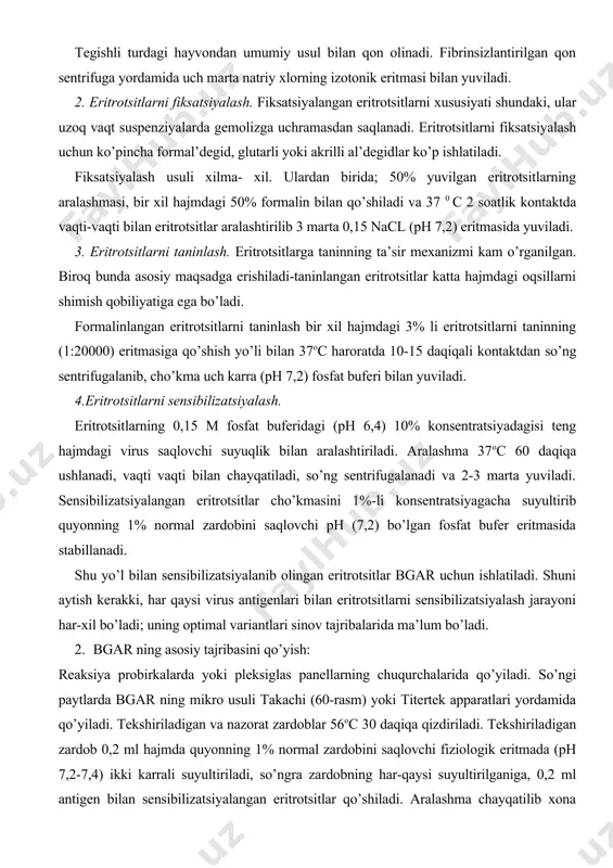 fiziologik eritma) kutilmaganda gemagglyutinatsiyaga uchrashini nazorat qilish; 2)sensibilizatsiyalangan eritrotsitlarni (sensibilizatsiyalangan eritrotsitlar+musbat zardob) aktivligini aniqlash uchun; 3)sensibilizatsiyalangan eritrotsitlarni (sensibilizatsiyalangan eritrotsitlar+normal zardob) spetsifikligini aniqlash bo’yicha; 4)zardoblarda spetsifik bo’lmagan gemagglyutininlarni yo’qligi (tekshiriluvchi zardob + sensibilizatsiyalanmagan eritrotsitlar) bo’yicha. reaksiyaning natijasi to’rt balli shkala bo’yicha baholanadi; (+++)-agglyutinatsiyalangan eritrotsitlar chetlari notekis “soyabon” hosil qiladi; (++)-agglyutinatsiyalangan eritrotsitlar atrofida, agglyutina-tsiyalanmagan eritrotsitlardan ingichka halqa hosil bo’ladi. (+)-agglyutinatsiyalangan eritrotsitlar atrofida agglyutinatsi-yalanmagan eritrotsitlardan keng halqa hosil bo’ladi. (-)-eritrotsitlar disksimon cho’kma hosil qiladi-natijasi manfiy. reaksiyaning musbat natijasida agglyutinatsiyalangan eritro-tsitlar probirka yoki chuqurcha tubiga tekis tarqalib soyabonsimon cho’kma hosil qiladi. agglyutinatsiya yuz bermaganda aniq natija olinadi: tekshiriluvchi zardob sensibilizatsiyalanmagan eritrotsitlar bilan, eritrotsitar diagnostikum avvaldan manfiy zardob bilan, musbat natija berganda, zardobdagi antitelolarning titri uning yuqori suyultirilgani sensibilizatsiyalangan eritrotsitlarni agglyutinatsi-yalay olishi qabul qilingan (13-jadvaldagi bgar ning sxemasiga qarang). hozirgi vaqtda mamlakatimizning veterinariya biologik sanoati yuqumli rinotraxeit, oqsil va yirik shoxli hayvonlarning adenovirus kasalliklariga eritrotsitar diagnostikumlar to’plamini chiqarmoqda. har bir to’plam laboratoriya sharoitida ishlatish uchun …