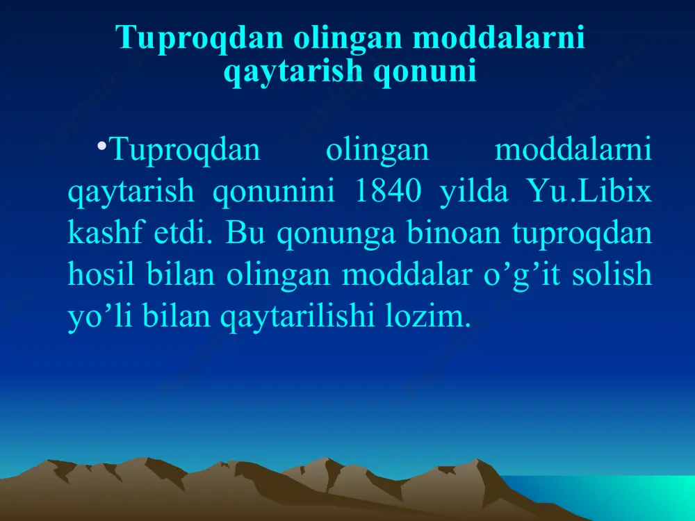 hun qoldiriladi. dehqonchilikning intensiv jadallashtirilgan) tizimi. dehqonchilikning jadallashtirilgan tizimida haydaladigan hamma yerlar ekinlar bilan band qilinib, ularga qator oralari ishlanadigan ekinlar ekiladi. dehqonchilikning bu tizimida yerga organik va mineral oʼgʼit solib, yuqori darajada sifatli ishlov berish orqali mikrobiologik jarayonlar tartibga solinadi, begona oʼtlar, kasallik va zararkunandalarga qarshi kurashda ximiyaviy vositalardan foydalaniladi, mexanizatsiya ishlari yuqori darajada olib boriladi va meliorativ tadbirlarni qoʼllanish yoʼli bilan tuproq unumdorligi oshiriladi. dehqonchilikning bu tizimiga oʼt qator orasi ishlanadigan ekinli tizim va ekin almashinadigan tizim kiradi. dehqonchilikning intensiv tizimida qishloq xoʼjaligi qaysi omillar asosida yuritiladi yuqori agro texnika agro- kimyo аgro- meliora- tiv tadbir- lar mexani- zatsiya- lash- tirish аvtoma- tik boshqa- rish kasallik va zarar- kunanda- larga qarshi kimyoviy va biologik kurash yuqori xosil- dorlik va sifat- ni taʼmin- lash hozirgi zamon dehqonchilik tizimining maqsadi hozirgi zamon dehqonchilik tizimi yerlardan samarali foydalanish va tuproqning unumdorligini oshirishni, konkret va iqtisodiy sharoitda eng kam mehnat va xarajat …