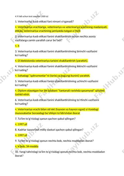 veterinariya kasb etikasi test savollari (500 ta) — DOCX