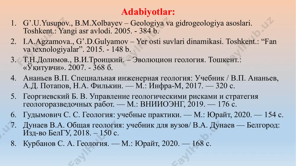jinslarda), dara (tomir) — qattiq jinslarda va karst (gʻor) (darz-karst-yengil eriydigan karbonat va gipsli jinslarda) suvlariga boʻlinadi. joylashish sharoitiga koʻra ye.o.s. tuproq suvi mavsumiy suvlar, (yuza suvlar; aeratsiya zonasidagi suv saqlovchi qatlamlar ustida yogʻinlar yoki sugʻorish suvlarining shimilishidan hosil boʻladi); grunt suvlari (yer yuzasiga eng yaqin birinchi suv oʻtkazmaydigan qatlam ustida toʻplanadi) va qatlamlararo (bosimsiz, bosimli, artezian, suv oʻtkazmaydigan qatlamlar oʻrtasida joylashgan suvli qatlamlar) suvlarga boʻlinadi. yer osti suvlari kelib chiqishiga koʻra ye.o.s. atmosfera yogʻinlari, daryo va sugʻorish suvlarining shimilishi natijasida hosil boʻluvchi infiltratsion; togʻ jinslari qatlamlarida suv bugʻlarining quyuqlashuvidan hosil boʻluvchi kondensatsion; choʻkindi togʻ jinslari paydo boʻlish jarayonida dengiz suvlarining koʻmilib qolishi natijasida hosil boʻlgan sedimentatsion va magma soviganda yoki yer mantiyasidan chiqadigan yuvinil suvlariga boʻlinadi. ye.o.s. ning yer yuziga tabiiy chiqishi buloq, (chashma) deyiladi va oqib chiquvchi va qaynab chiquvchi (qaynar buloq)larga boʻlinadi. gurunt suvlari grunt suvlari — yer yuzasidan pastda, birinchi suvli togʻ jinslari gʻovaklarida yigʻilgan suv. …