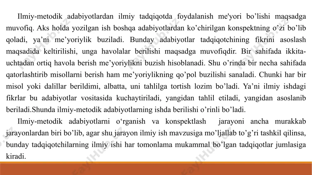 uqta (...) bilan belgilanadi; bir qismini alohida bo‘rttirib (kursiv, ajratilgan harflar ostiga chizish v.h. usullarda) ajratsa olinma ichidagi izohda ko‘rsatilishi lozim. 2.tadqiqotchi o‘z fikrini bayon qilayotganda boshqa tadqiqotchilarning ismi shariflarini tilga olib, ularning materiallariga tayanib tahlil olib borayotganligini eslatganda ham manbalarga havola berishi zarur. 3.tadqiqotchi biror hodisa (voqea) tavsifini berayotganda o‘zgalarning ishlaridan olgan (o‘zlashtirgan) ma’lumotlarni alohida ta’kid bilan ajratmay, o‘z nutqiga singdirib borgan hollarda o‘zlashtirilgan ma’lumot manbayi shu ma’lumotdan keyin ko‘rsatilishi zarur. shuni esda tutish lozimki, boshqa tadqiqotchilar ma’lumot va talqinlaridan foydalanib, uni ilmiy ishda ko‘rsatmaslik eng xunuk amaldir. ilmiy ishda bunday o‘rinlar bo‘lsa, (yoki atigi bir abzaslik material birovdan olinib, manbayi ko‘rsatilmagan bo‘lsa) bu ish plagiat - ilmiy o‘g‘rilik mahsuli sanalib, xalqaro qonunchilikda o‘z aksini topgan mualliflik huquqi qoidalari asosida bekor qilinadi. foydalangan manbalar va adabiyotlarni rasmiylashtirish. foydalanilgan adabiyotlar ro'yxati o‘rnatilgan qoidalar bo‘yicha keltirilgan hujjatlar (kitob, tezis, maqola) haqida bibliografik ma’lumotlar yig‘indisi bo‘lib, ular hujjatning alohida identifikatsiyasi va umumiy …