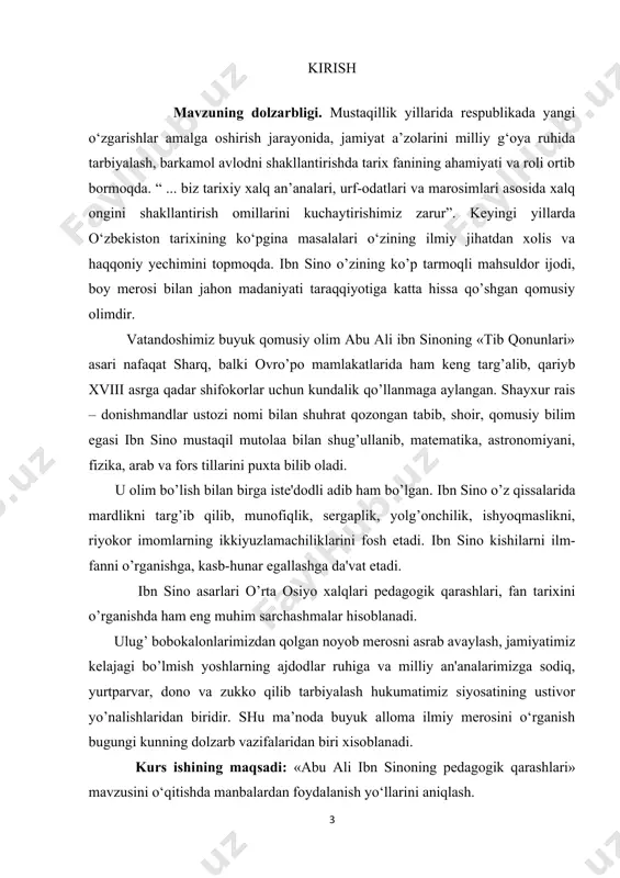 bo‘lim, umumiy xulosalar va foydalanilgan adabiyotlar ro‘yhatidan iborat bo‘lib, jami 34 sahifani tashkil qiladi. 1. abu ali ibn sinoning hayot yo’li o’rta osiyoning buyuk qomusiy olimlaridan biri abu ali al-husayn ibn abdulloh ibn al-hasan ibn ali 980 yil avgust oyida hozirgi buxoro viloyatining peshku tumani yaqinidagi afshona qishloqida tug’ilan. uning otasi abdulloh balx shahridan bo’lib, somoniylar amiri nuh ibn mansur (967-997) davrida buxoroga ko’chib kelgan va xurmaysan qishlog’iga moliya amaldori etib tayinlangan. shundan so’ng u bu yerda doimiy yashab afshona qishloqida sitora ismli qizga uylanib ikki o’qil farzand ko’radi. o’g’illarining kattasi xusayn (ibn sino), kenjasi mahmud edi. husayn 5 yoshga kirgach, oilasi bilan buxoroga ko’chib keladilar va u shu yerda o’qiy boshlaydi. 10 yoshga yetganda ibn sino qur'on va adab darslarini to’la o’zlashtirib oladi. otasi ibn sinoni hind hisobini biladigan bir rezovarfurishga shogirdlikga beradi. ibn sino undan hind hisobini o‘rgandi. keyin buxoroga abu abdulloh notiliy kelib qoldi, u kishining faylasuflik …