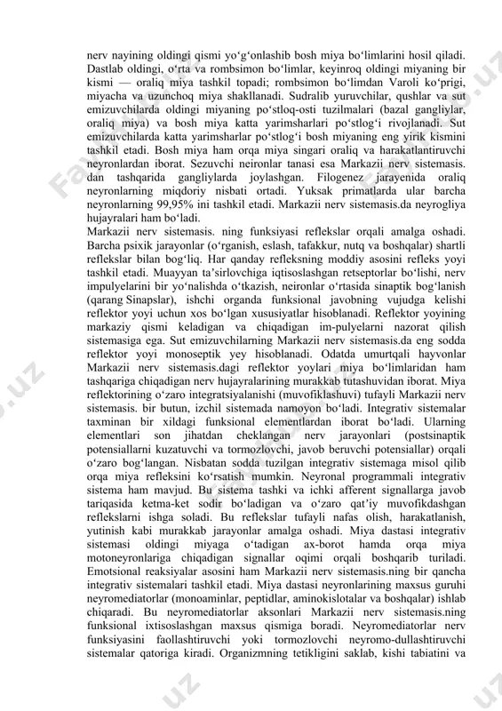 amiyatga ega. nerv sistemasi biotoklarini sezgir asboblar yordamida qayd qilish nerv sistemasi fiziologiyasini oʻrganishda asosiy usullardan biridir, baʼzan odamdagi nerv sistemasi kasalliklarini aniqlashda ham bu usul qoʻllanadi. i. p. pavlov nerv sistemasining tiplari (hayvonlar va odam oliy nerv faoliyatining individual xususiyatlari) haqidagi tushunchani fiziologiyaga kiritgan. qoʻzgʻalish va tormozlanish jarayonlarining kuchi muvozanatlanganligi, harakatchanligi kabi 3 ta asosiy funksional xossani nazarda tu-tib, nerv sistemasining odam va hayvonlar uchun umumiy boʻlgan quyidagi tiplari aniqlangan: 1)juda jonsarak tipda qoʻzgʻalish va tormozlanish jarayonlari kuchli, ammo muvozanatlashmagan (qoʻzgʻalish tormozlanishdan ustun) boʻladi; 2) juda serharakat tipda nerv jarayonlari juda kuchli, muvozanatlashgan va yaxshi harakatchan (tez almashinadigan) buladi; 3) juda yuvosh tipda nerv jarayonlari kuchli, muvozanatlashgan, lekin harakatchanligi kamroq (sekin almashinadigan) buladi; 4) nimjon tipda nerv jarayonlari sust, bosh miya poʻstlogʻidan nerv hujayralarining ish qrbi-liyati past boʻladi. i.p. pavlov nerv sistemasining tiplari bilan odamlarning 4 xil temperamenti (mizoj) oʻrtasida oʻxshashlik borligini anikdadi. jonsaraktipxolerik temperamentga, serharakat tip sangvinik tem-peramentga, …