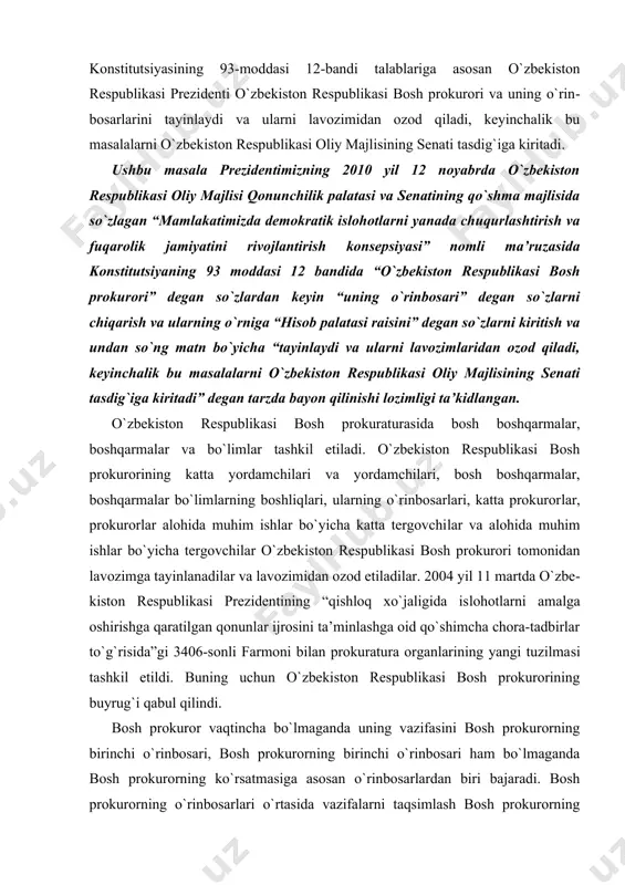 ar va lavozimidan ozod etiladilar. 2004 yil 11 martda o`zbe​kiston respublikasi prezidentining “qishloq xo`jaligida is​lohotlarni amalga oshirishga qaratilgan qonunlar ijrosini ta’minlashga oid qo`shimcha chora-tadbirlar to`g`risida”gi 3406-sonli farmoni bilan prokuratura organlarining yangi tuzilma​si tashkil etildi. buning uchun o`zbekiston respublikasi bosh prokurorining buyrug`i qabul qilindi. bosh prokuror vaqtincha bo`lmaganda uning vazifasini bosh prokurorning birinchi o`rinbosari, bosh prokurorning birinchi o`rinbosari ham bo`lmaganda bosh prokurorning ko`rsatmasiga asosan o`rinbosarlardan biri bajaradi. bosh prokurorning o`rin​bosarlari o`rtasida vazifalarni taqsimlash bosh prokurorning buyrug`i bilan belgilab qo`yiladi. bosh prokurorning o`rinbosarlari belgilangan vazifalari taqsimotiga muvofiq tegishli boshqarma va bo`limlarning ishla​riga yo`naltirib, nazorat qilib boradilar, o`z vakolatlari doi​rasida boshqaruv mazmunidagi va protsessual qarorlarni qabul qi​ladilar. bosh prokuratura tarkibida boshqarma va bo`limlari qonun​chilikni mustahkamlash muammolari va prokuror-tergov xodim​lari malakasini oshirish markazi, "qonun ximoyasida birlash​gan tahririyati, shuningdek, uning huzurida soliq, valyutaga oid jinoyatlar va jinoiy daromadlarni legallashtirishga qarshi ku​rashish departamenti faoliyat ko`rsatadi. boshqarma va bo`limlar to`g`risidagi bosh prokuror tomoni​dan tasdiqlanadigan nizomlarda ularning asosiy …