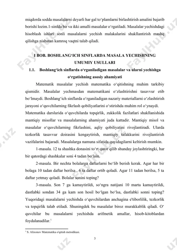 masalalarning ahamiyati juda kattadir. mantiqiy misol va masalalar o‘quvchilarning fikrlashini, aqliy qobiliyatini rivojlantiradi. ularda tezkorlik tasavvur doirasini kengaytirish, mantiqiy tafakkurini rivojlantirish vazifalarini bajaradi. masalalarga namuna sifatida quyidagilarni keltirish mumkin. 1-masala. 12 ta shashka donasini to‘rt qator qilib shunday joylashtiringki, har bir qatordagi shashkalar soni 4 tadan bo‘lsin. 2-masala. bir nechta bolalarga daftarlarni bo‘lib berish kerak. agar har bir bolaga 10 tadan daftar berilsa , 6 ta daftar ortib qoladi. agar 11 tadan berilsa, 5 ta daftar yetmay qoladi. bolalar sonini toping? 3-masala. son 7 ga kamaytirildi, so‘ngra natijani 10 marta kamaytirildi, dastlabki sondan 34 ga kam son hosil bo‘lgan bo‘lsa, dastlabki sonni toping? yuqoridagi masalalarni yechishda o‘quvchilardan anchagina e'tiborlilik, tezkorlik va topqirlik talab etiladi. shuningdek bu masalalar biroz murakkablik qiladi. o‘ quvchilar bu masalalarni yechishda arifmetik amallar, hisob-kitoblardan foydalanadilar.[footnoteref:1] [1: s. alixonov matematika o'qitish metodikasi.] o‘quvchilarda tezkorlik faqat darsdan tashqari paytlarda emas, balki dars davomida ham rivojlanadi. dars davomida o‘quvchilar …