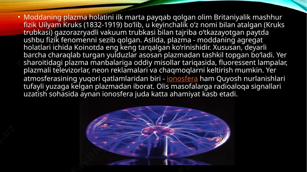 qnashishi mumkin, shuning uchun ionlash jarayoni qor ko'chkisi jarayoni sifatida namoyon bo'ladi. oxir-oqibat bu jarayon nasli va zaryadlangan zarralarning yo'qotilishi o'rtasida barqaror holatga etadi. plazma hajmidan ionlar va elektronlarning yo'qotilishi plazma chegaralaridagi rekombinatsiya va diffuziya bilan sodir bo'lishi mumkin. ionlashning boshlanishi, masalan, kosmik radiatsiya orqali ionlashtirilishi sababli har qanday neytral gazda doimo mavjud bo'lgan asosiy ionlar va elektronlar tomonidan ta'minlanadi. atomni ionlash uchun etarli energiya bo'lmagan elektronlar elektron strukturasini o'zgartirishi va uni ekspluatatsiya qilishi mumkin va atomlar fotonni chiqarib yuborishi mumkin. zararlangan zarrachalarni rekombinatsiya qilish va dezeksifikatsiya qilish plazma tizimlarining yorqin xususiyatiga yordam beradi. atomni ionlash uchun etarli energiya bo'lmagan elektronlar elektron strukturasini o'zgartirishi va uni ekspluatatsiya qilishi mumkin va atomlar fotonni chiqarib yuborishi mumkin. zararlangan zarrachalarni rekombinatsiya qilish va dezeksifikatsiya qilish plazma tizimlarining yorqin xususiyatiga yordam beradi. plazma xususiyatlari plazma zaryadlangan zarrachalardan iborat bo'lgani sababli, plazma elektromagnit maydonlarga ta'sir qiladi va elektrni o'tkazadi. aksincha, ko'pgina gazlar elektr izolyatorlari. gaz …