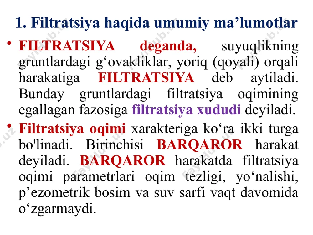 uv o‘tkazmaydigan shpunt (3.6 a-rasm) filtratsiya hisobi. (n.n.pavlovskiy bo‘yicha) shpunt pastki qirrasi bo‘yicha bosim cheklanmagan (a) va cheklangan (b) qalinlikdagi suv o‘tkazuvchan zamindagi shpunt ostidagi fil’tratsiya hisobi sxemalari shpunt yuqori qirrasi bo‘yicha bosim 0 0,1 > 80,0 q u m l i 0,1...0,2 80,0...17,0 q u m : y i r i k z a r r a l i 0,05...0,01 40,0...8,0 m a y d a z a r r a l i 0,005...0,001 4,0...0,8 g i l l i 0,002...0,0001 1,5...0,08 q u m o q : z i ch 0,0005...0,0001 0 ,4...0,08 g‘ o v a k 0,005...0,001 4,0...8,0 s o g‘ t u p r o q 0,1 > 80,0 qumli 0,1...0,2 80,0...17,0 qum: yirik zarrali 0,05...0,01 40,0...8,0 mayda zarrali 0,005...0,001 4,0...0,8 gilli 0,002...0,0001 1,5...0,08 qumoq: zich 0,0005...0,0001 0,4...0,08 g‘ovak 0,005...0,001 4,0...8,0 sog‘ tuproq < 0,0001 < 0,08 gil < 0,000001 < 0,0008 g / p …