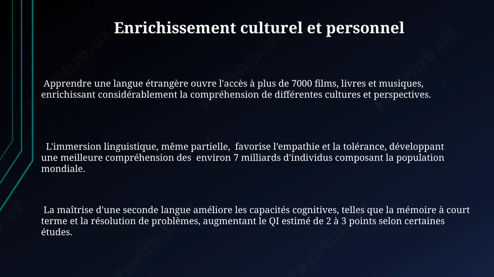 . plus de 60% des entreprises multinationales privilégient les candidats maîtrisant plusieurs langues, un atout majeur pour la mobilité professionnelle et l'accès à des postes à responsabilités. avantages académiques et professionnels les étudiants bilingues ou multilingues sont plus aptes à résoudre des problèmes complexes, affichant une meilleure flexibilité cognitive et un score moyen de 25% supérieur aux tests de créativité. maîtriser une langue étrangère augmente les chances d'admission dans des universités prestigieuses de 30%, ouvrant ainsi l'accès à des formations et carrières plus compétitives. l’apprentissage d'une langue étrangère améliore de 10 à 20% les scores aux tests de raisonnement verbal et logique, des compétences essentielles pour réussir dans des disciplines académiques variées. merci pour votre attention @taqdimot_robot