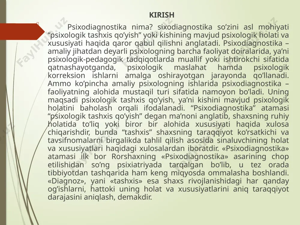 sixodiagnostika baholash ob’yekti, psixologiya fani o’rganayotgan har qanday jarayon bo’lishi mumkin. masalan, o’zaro hamkorlik qilayotgan shaxslarning bir-biri bilan kechayotgan xattiharakati va muloqotida yuzaga keladigan, alohida bir odam sezgisidan boshlab, murakkab ijtimoiy- psixologik jarayon bilan tugatish mumkin. vizual psixodiagnostik tadqiqotlar amaliyotida psixologik diagnoz qo’yishning 3 bosqichi farqlanadi: simptomatik diagnozda mavjud har qanday ehm bajarishi mumkin bo’lgan tadqiqotda olingan natijalar qayta ishlanadi; etiologik diagnozda (kelib chiqish sabablari) biror xususiyatning mavjudligigina emas, balki uning vujudga kelish sabablari ham hisobga olinadi; tipologik diagnozda sinaluvchi shaxsning tushida olingan natijalarning ahamiyati va o’rni aniqlanadi. psixodiagnostika fanining nazariy vazifalari quyidagilardan iborat: — psixik ko’rinishlar tabiati va ularni ilmiy jihatdan prinsipial baholashning imkon darajasini aniqlashtirish; — hozirgi paytda psixologik ko’rinishlarning miqdorini baholash va uning ilmiy asoslanganlik holatini o’rganish; — psixodiagnostik usul va uslublarning asosiy metodologik talablari nimalardan iboratligini aniqlash; — psixodiagnostik tadqiqotning shart-sharoitlari, natijalarni qayta ishlash hamda ularni interpretasiya usullarining ishonchliligi nimalarga asoslangan; — test va psixodiagnostik metodlarning …
