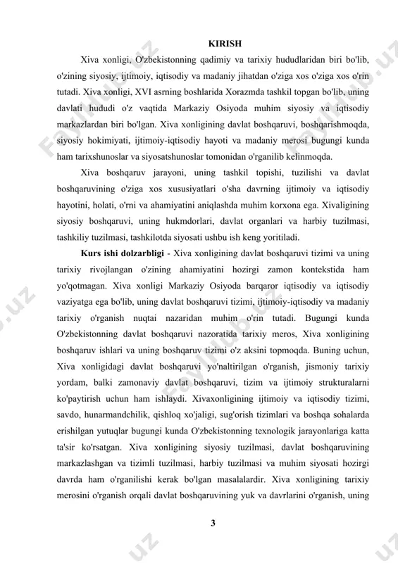 nilishi kerak bo'lgan masalalardir. xiva xonligining tarixiy merosini o'rganish orqali davlat boshqaruvining yuk va davrlarini o'rganish, uning o'ziga xos xususiyatlari va tarixdagi o'rnini aniqlashni maqsad qiladi. bunday o'rganish, ilmiy tarixiy ilm-fan uchun, balki zamonaviy siyosatshunoslik va ijtimoiy fanlar uchun ham ahamiyatlidir. bu ishning rivojlanishixon, xiva rivojlanishining tarixiy tajribalarini tahlil qilish, o'zbekning madaniy va merosini yaxshilash xalqqa yordam beradi, zamonaviy, zamonaviy boshqaruv va yangi davlat tizimlarini bo'yicha ishlab chiqarishni ishlab chiqishga ko'maklashadi. kurs ishi ahamiyati: xiva xonligining davlat boshqaruvi yo'nalishi o'zining ahamiyati milliy tarixiy ilm-fan, balki zamonaviy siyosatshunoslik, ijtimoiy fanlar va davlat boshqaruvi sohalarida ham katta korxona ega. ush kurs ishi xiva xonligining siyosiy, ijtimoiy va iqtisodiy yo'naltirilgan o'rganish orqali bir nechta narsaga katta e'tibor qaratadi: 1. tarixiy o'rni : xiva xonligi markaziy osiyoning tarixiy rivojlanishida muhim o'rin tutgan davlatlardan biridir. uni tashkil topish va ishlab chiqarish, davlat boshqaruvi tizimi, o'sha davrda amalga oshirilgan ishlab chiqarish va tashkilot siyosati bugungi kunda …