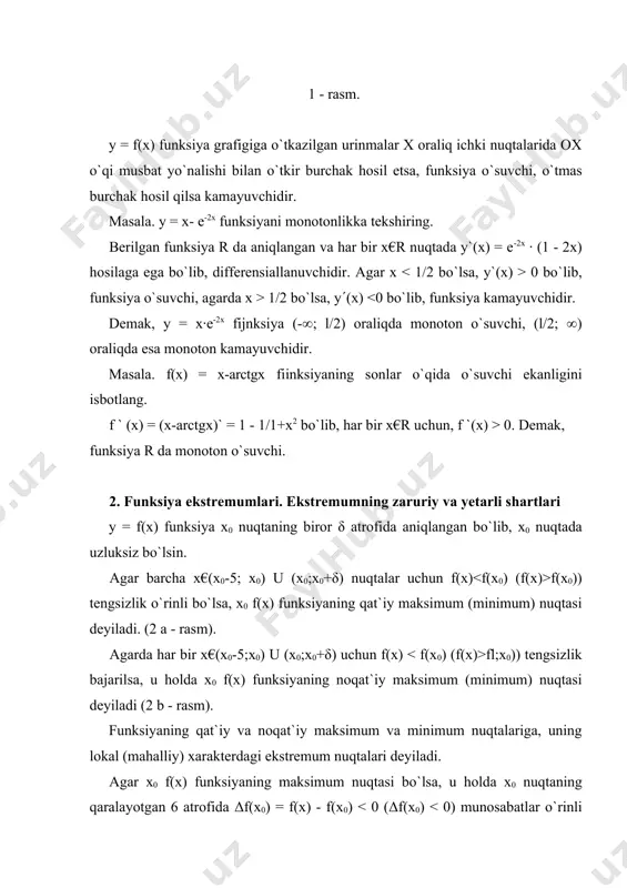 asosida tanlanadi. 3 - teorema. (1-yetarli shart) f(x) funksiya x0 kritik nuqtaning biror δ atrofida differensiallanuvchi x0 nuqtaning o`zida uzluksiz bo`lib, diffcrensiallanuvchi bo`lishi shart bo`lmasin. agar (x0-δ; x0) va (x0; x0+ δ) intervallarda f `(x) hosila qarama-qarshi ishorali qiymatlarga erishsa, x0 ekstremum nuqta bo`ladi. xususan: a) agarda (x0-δ;x0) da f(x) > 0, (x0; x0+δ) da f `(x) 0 bo`lsa, x0 - qat`iy minimum nuqta (3b - rasm). agarda f `(x) x0 dan o`tayotib, o`z ishorasini saqlab qolsa, x0 kritik nuqta ekstremum nuqta bo`la olmaydi (3с - rasm). y x x2 0 y x x1 0 y x x3 0 x1-max(.) x2-min (.) x3-ekstremum (.) emas 3 - rasm masala. у = (x - 4)·funksiyaning ekstremum nuqtalarini toping. yuqorida funksiyaning kritik nuqtalari to`plami {0;l} aniqlangan edi. funksiya aniqlanish sohasi sonlar o`qini kritik nuqtalar yordamida intervallarga ajratamiz va yetarli shartlarni tekshirib ko`ramiz: y' 0 1 x demak, x = 0 kritik nuqta …