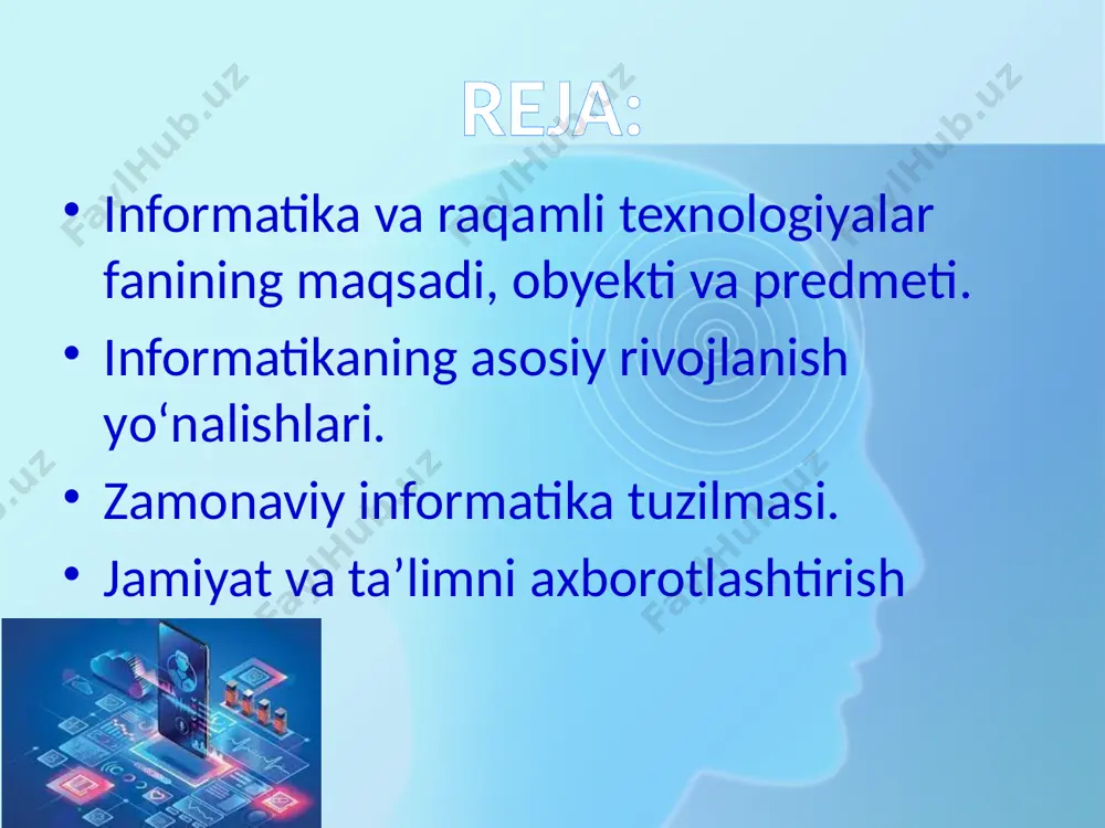 sidan unumli foydalanishning ilmiy va muhandislik muammolarini yechishni yaratish hamda ularni tadbiq etish; ta’lim jarayonini axborotlashtirish, elektron axborot-ta’lim resurslarini ishlab chiqish va ulardan ta’lim jarayonida foydalanish muammosi a.a.abduqodirov, m.m.aripov, u.sh.begimqulov, s.s.beknazarova, r.r.boqiyev, a.g‘.hayitov d.n.mamatov, n.i.taylaqov, s.q.tursunov va boshqa olimlar tomonidan tadqiq etilgan. akt deganda, kompyuterlar, mobil qurilmalar, raqamli kameralar, sun’iy yo‘ldosh navigatsiya tizimlari, elektron asboblar va ovoz yozish qurilmalari, radio, televidenie, kompyuter tarmoqlari, sun’iy yo‘ldosh aloqasi va hokazolar, ya’ni axborotni elektron tarzda to‘plash, qayta ishlash, saqlash va elektron tarzda uzatishga xizmat qiladigan deyarli barcha narsalar tushuniladi. aktga apparat ta’minot bilan bir qatorda dasturiy ta’minot ham kiradi informatikaning axborotlashgan jamiyatdagi o’rni. hozirgi kunda axborot va kompyuter texnologiyalari iboralari kundalik turmushda eng ko’p qo’llaniladigan tushunchalar desak mubolag’a bo’lmaydi. chunki hayotning qaysi sohasini olmaylik, qanday amallarni bajarmaylik, albatta axborotlar bilan ish ko’ramiz. ya’ni axborotlardan foydalanish, axborot almashinish, ularni uzatish inson faoliyatning asosiy negizini tashkil etadi. axborot atrof - muhit ob’ektlari va hodisalari, ularning …