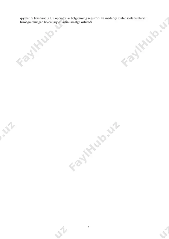 'zgaruvchisi "satrga misol" belgilar ketma ketligi bilan nomlanadi. string tipidagi obyektni char tipidagi massivdan ham yaratish mumkin. masalan: char[] chararray = {'e', 'x', 'a', 'm', 'p', '1', 'e'}; string str= new string(chararray); string tipidagi obyekt yaratilganidan so'ng, undan satr matni (matn qo'shtirnoq ichiga olinadi) talab qilinadigan ihtiyoriy joyda foydalanish mumkin. satrlarning doimiyligi string tipidagi obyektning mazmunini o'zgartirib bo'lmaydi. ya'ni bir marotaba yaratilgan belgilar ketma-ketligini o'zgartirish mumkin emas. bu cheklanish belgili satrlarni samarali tadbiq qilishga yordam beradi. mavjud satrdan turlilik sifatida boshqa satr talab qilinsa, buning uchun barcha zarur o'zgartirishlari olgan yangi satr yaratiladi. foydalanilmayotgan satrli obyektlar avtomatik ravishda yig'ilgani "musor"ga yig'ilganligi sababli, ular to'g'risida qayg'urmasa ham boʻladi. satrga murojaatli o'zgaruvchilar (string tipidagi obyektlar) o'zgartirilishi, ya'ni ular boshqa obyektga murojaat qilishi mumkin. ammo, tipidagi obyektning mazmuni uni yaratgandan keyin ham oʻzgarmaydi. misol ko'raylik: static void addnewstring() { string s= "bu mening satrim"; s="bu yerda yangi satr"; } bunda ldstr (satrni yuklash) …