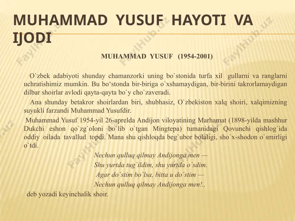 n, ey onajonim, sening faryodlaring - mening fig`onim, o`tmishingni o`ylab qiynalar jonim, aytsam ado bo`lmas dostonlaring bor. biz tarix darslaridan yaxshi bilib boryapmizki, o`zbek xalqi dunyodagi eng qadimgi xalqlardan biri sanaladi. va bu xalq tarixda misli ko`rilmagan hodisalarni boshdan kechirgan. ikki daryo oralig`ida joylashgan, zamini hosildor, xalqi mehnatkash, o`troq madaniyatning noyob namunalarini yaratgan bu diyorga kimlarning ko`zi kuymagan deysiz. bosqinchi ketidan bosqinchilar kelib, bu go`zal yurtni g`orat qilishga — boyliklarini talash, xalqini qullikka mubtalo qilishga urinardi. xalqimiz bamisli samandar (olovda tug`ilib, olovdan omon chiqadigan afsonaviy qush)dek barcha sinovlardan omon chiqdi, sharaf bilan chiqdi. biroq bu kurashlar, ozodlikka bo‘lgan intilishlar, albattaki, qurbonsiz, yo`qotishlarsiz kechmadi. millatning ne-ne bahodirlari, yurt ozodligini har narsadan ustun bilgan xalqning asl farzandlari shu kurash maydonlarida jon berdilar. guruch kurmaksiz bo`lmaganidek, yov kelganda o`zini chetga olgan, joni shirinlik qilib sha’nidan kechgan, hatto do`stlarini sotgan kimsalarni ham, afsuski, tarix yoddan chiqarmaydi. ularning kirdikorlari tufayli yurtning «ado bo`lmas armonlari, toshlarni …