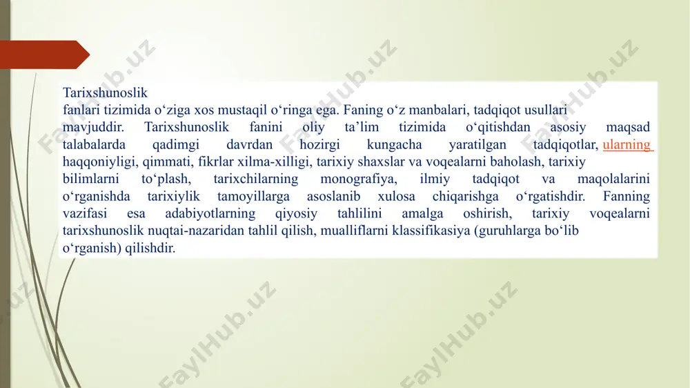 ixiy tafakkurning, bilimning darajasi, saviyasini belgilaydi. tarixshunoslikning rivojlanishida manbalar doirasining kengligi va o‘sha davrdagi tarixiy tadqiqot usuli asosiy omil hisoblanadi. tarixiy tadqiqot usullarining takomillashishi (masalan: tanqidiy yondashuv, tarixiy taqqoslash va boshqalar), yangi (epigrafik, arxeologik, numizmatik) manbalarning paydo bo‘lishi tarix fanining saviyasiga sezilarli ta’sir ko‘rsatdi. tarixshunoslik tarixning manbashunoslik, arxeologiya, etnografiya, numizmatika va lingvistika fanlari bilan chambarchas bog‘liq. image1.png image2.png /docprops/thumbnail.jpeg
